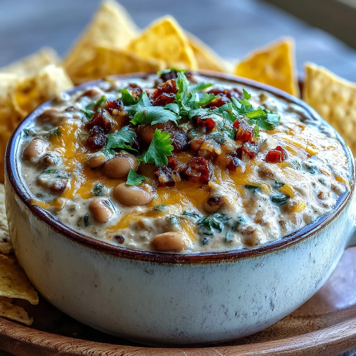 Heißer schwarzaugenerbis dip mit Jalapeño und Kreuzkümmel, cremig, scharf und goldbraun aus dem Ofen auf Tortilla-Chips.