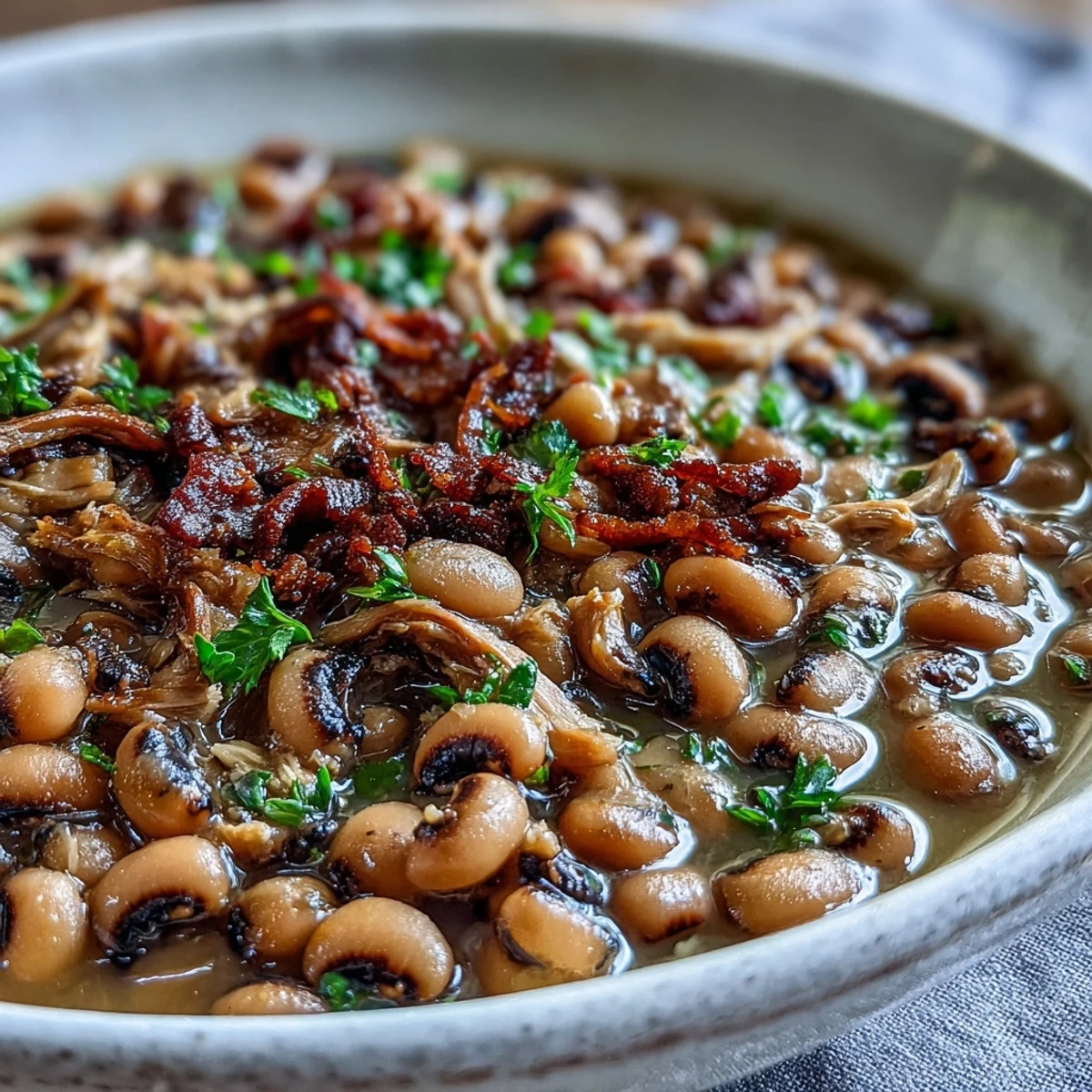 A rustic slow cooker of Crock-Pot Black-Eyed Peas with Smoked Turkey beside cornbread on a checkered Southern tablecloth.