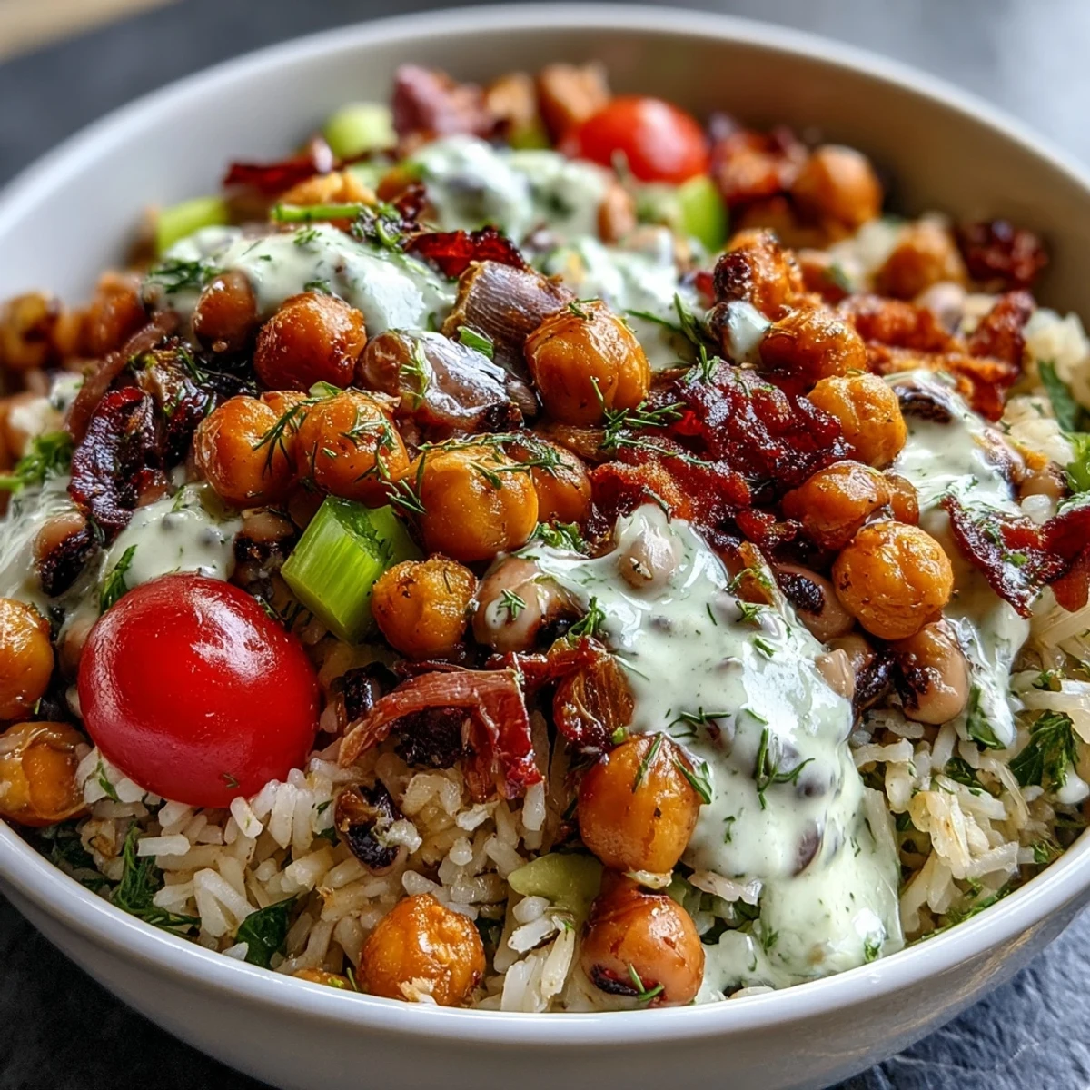 Frisch zubereitete New Years Hoppin John Salad mit schwarzaugen Erbsen, buntem Gemüse und cremiger Tahini Dressing auf einem hellen Teller.