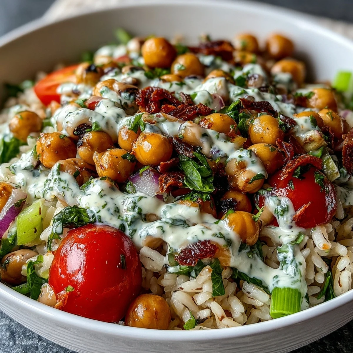 Das New Years Hoppin John Salad Rezept zeigt eine farbenfrohe Mischung aus Erbsen, Paprika und frischen Kräutern für den Jahresstart.