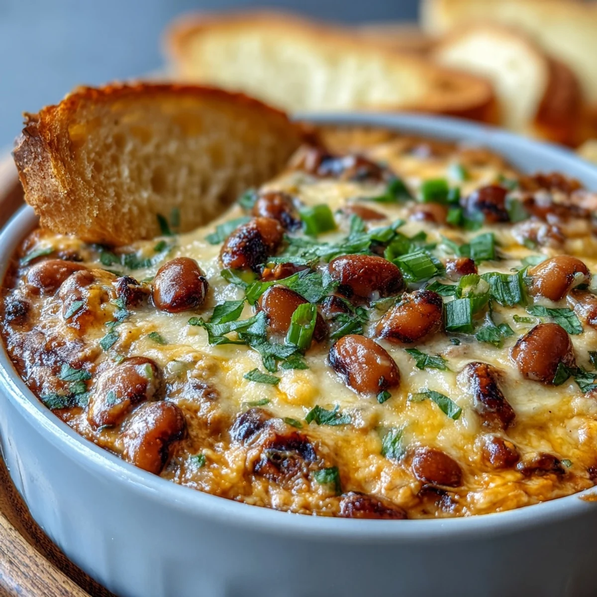 Warme, cremige Hot Black-Eyed Pea Dip mit geschmolzenem Cheddar und Jalapeños, serviert mit Tortilla-Chips.