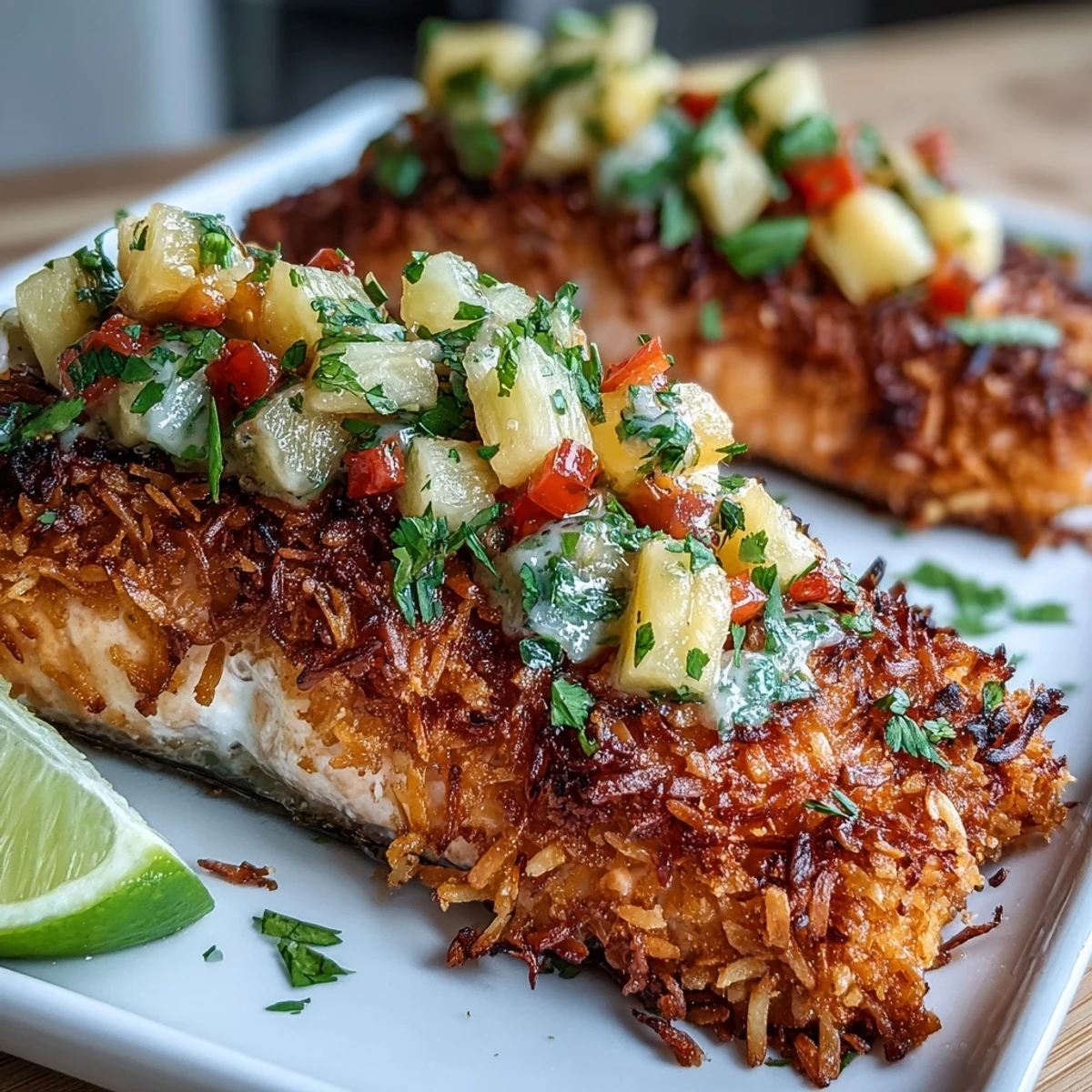 Freshly prepared Coconut Crusted Salmon with Pineapple Salsa, served hot on a white dinner plate.