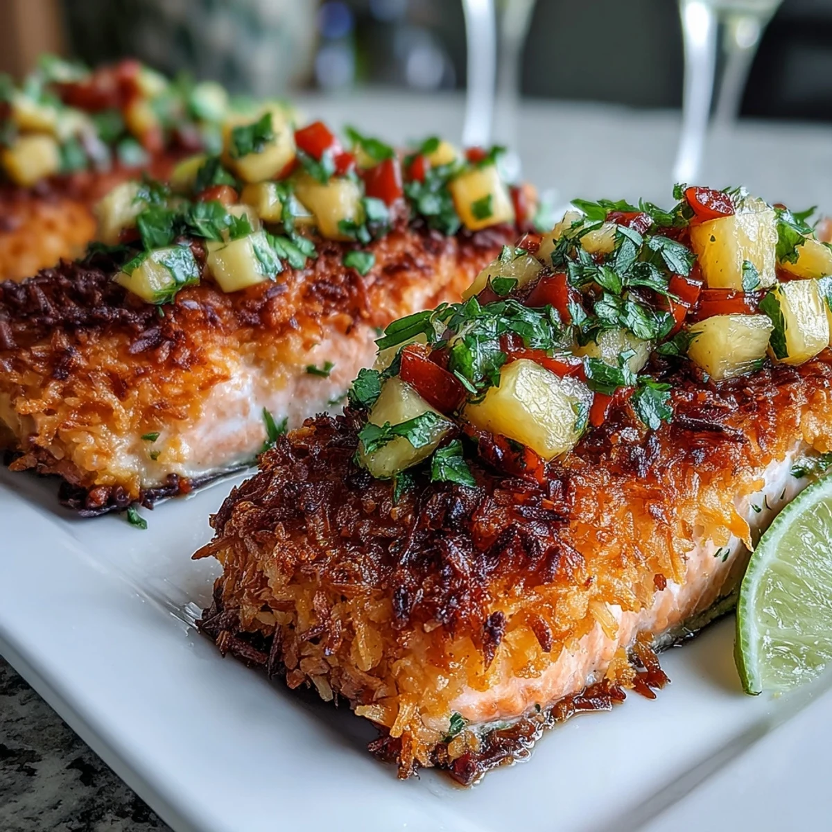 Golden-brown coconut-crusted salmon fillets topped with vibrant pineapple salsa, lime wedges on the side.