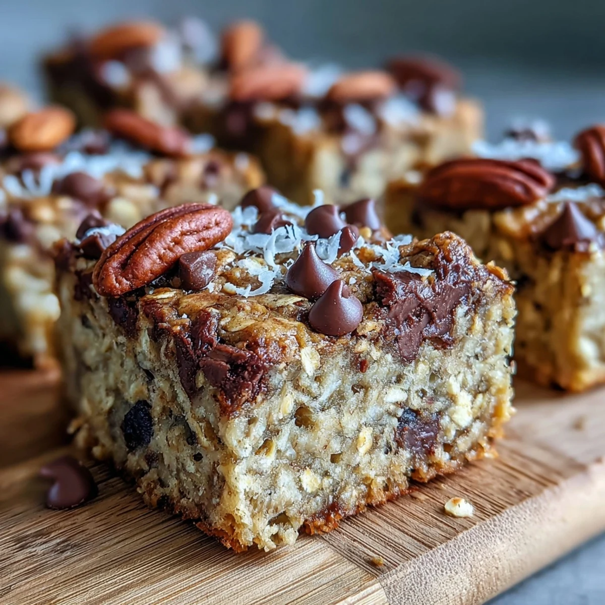 Golden-baked oatmeal bars with banana, chocolate chips, and chopped nuts on a wooden board.