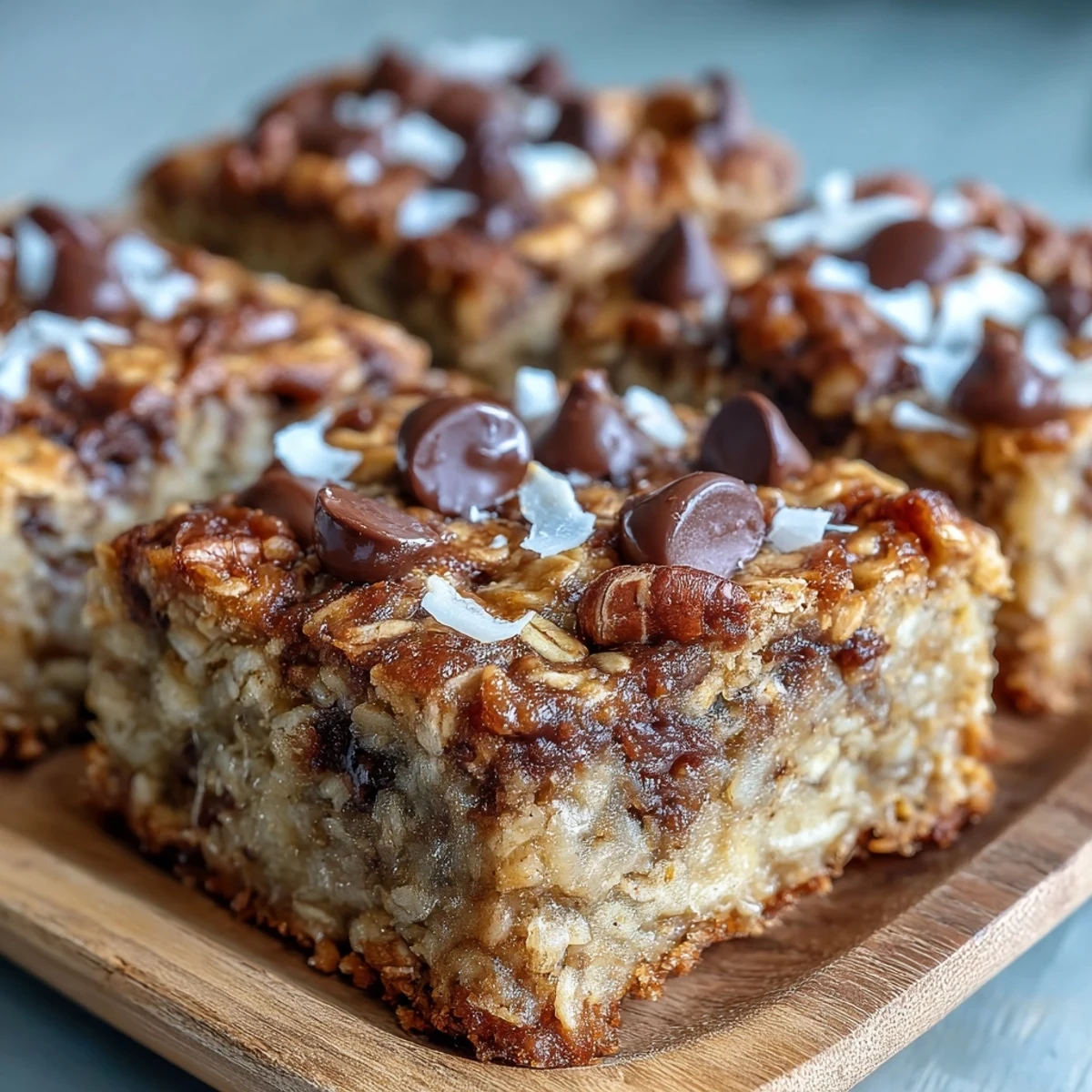 Soft, golden-edged banana baked oatmeal bars stacked on a marble countertop with a glass of milk.