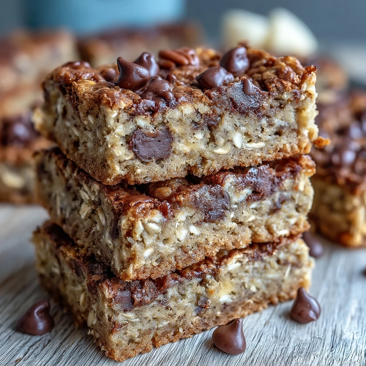 Chewy banana baked oatmeal bars served warm on a plate with a drizzle of maple syrup.