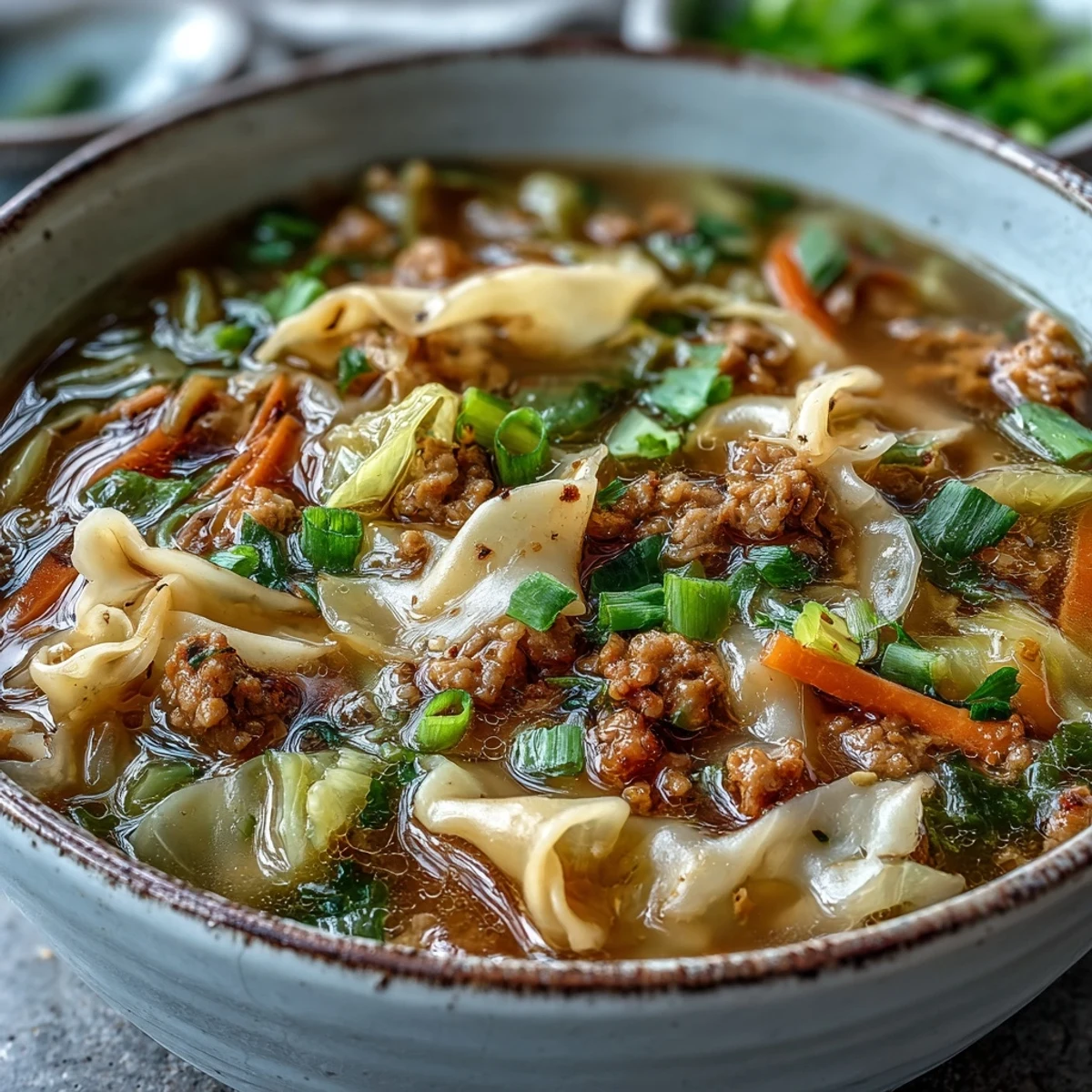 Genieße die Cozy One-Pot Egg Roll Soup mit frischen grünen Zwiebeln und würziger Sriracha-Soße auf einem rustikalen Teller.
