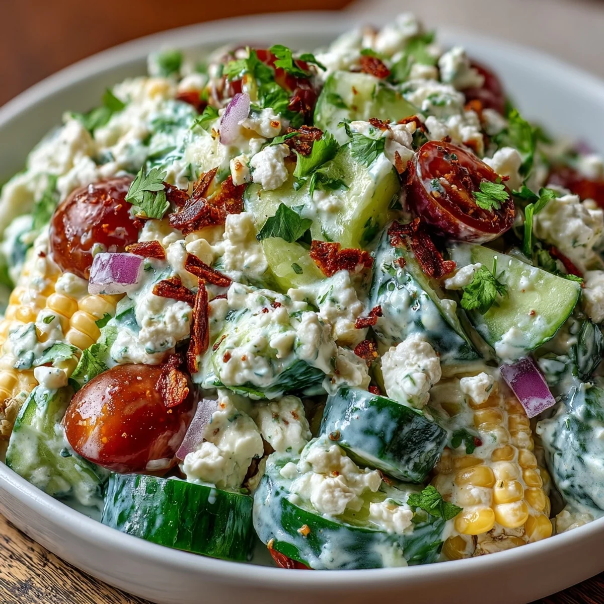 Cremige Gurken-Salat mit Straßencorn und Feta, serviert als erfrischender mexikanischer Appetizer.  