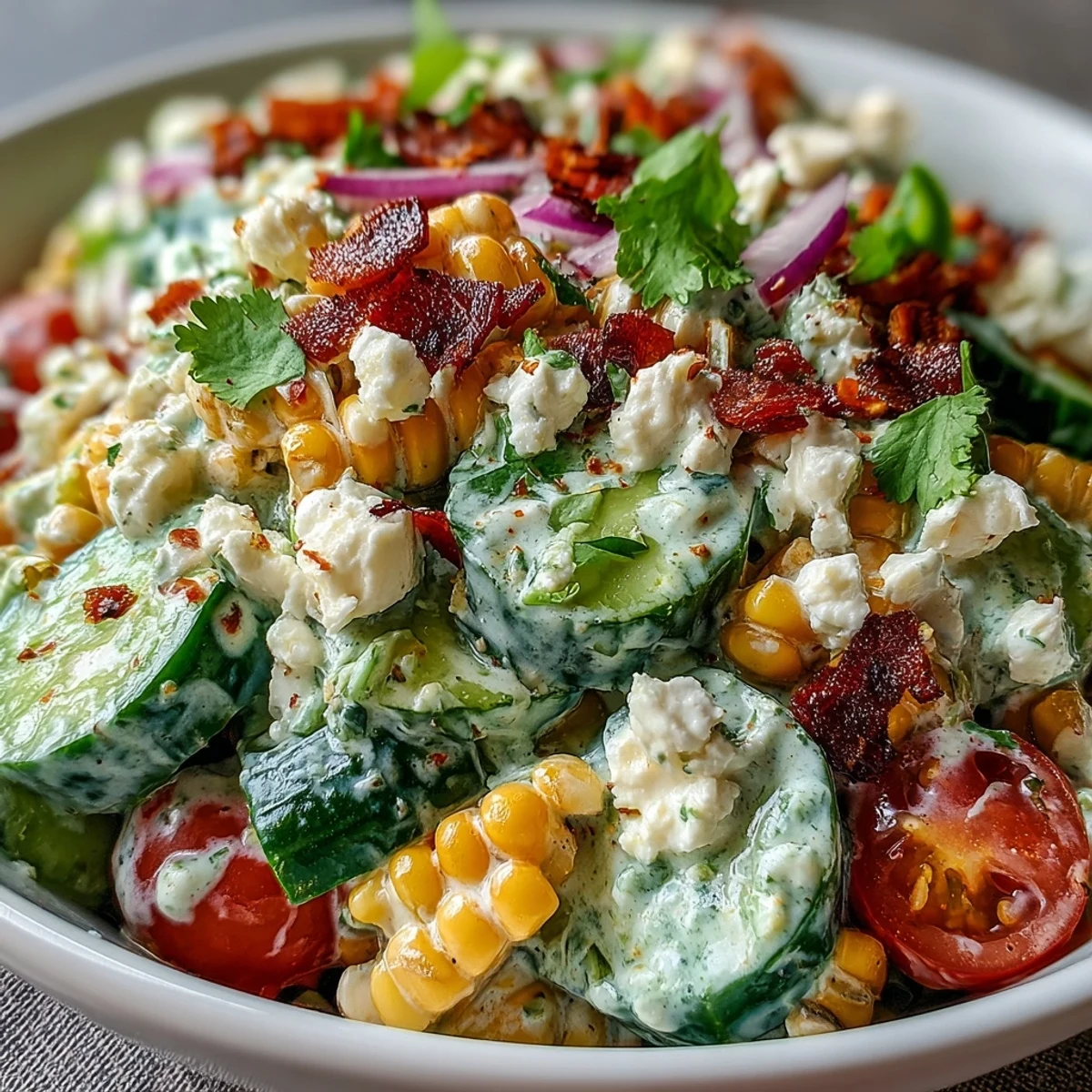 Frischer Straßencorn-Salat mit saftigen Tomaten und cremiger Joghurt-Limetten-Dressing auf einem Holztisch.  