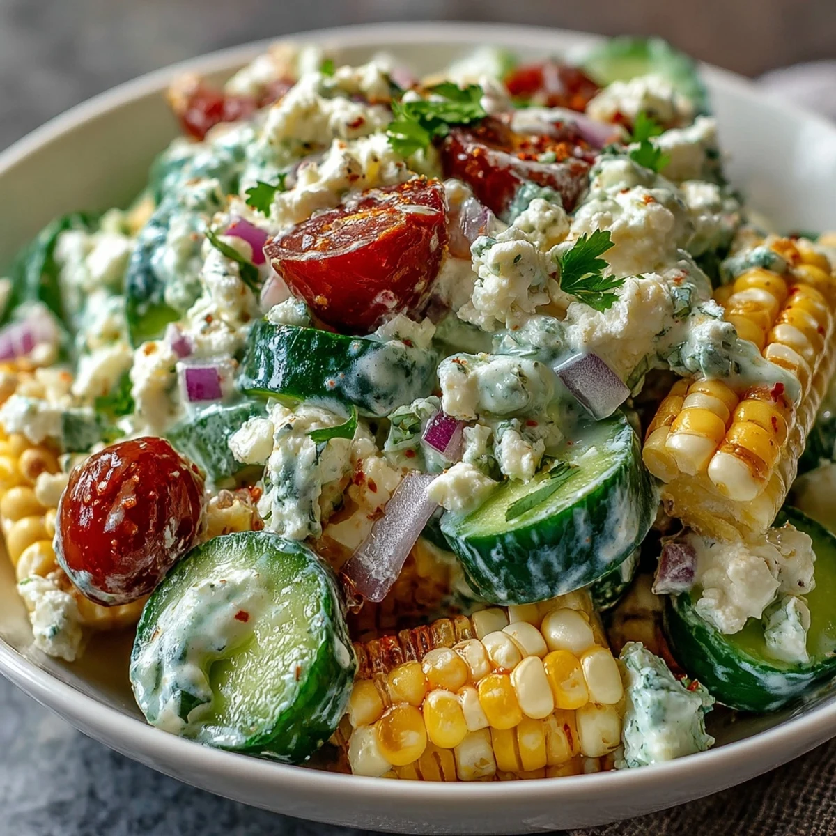 Vegetarischer Gurken-Straßencorn-Salat ideal für Grillfeste und Sommerpicknicks in den USA.