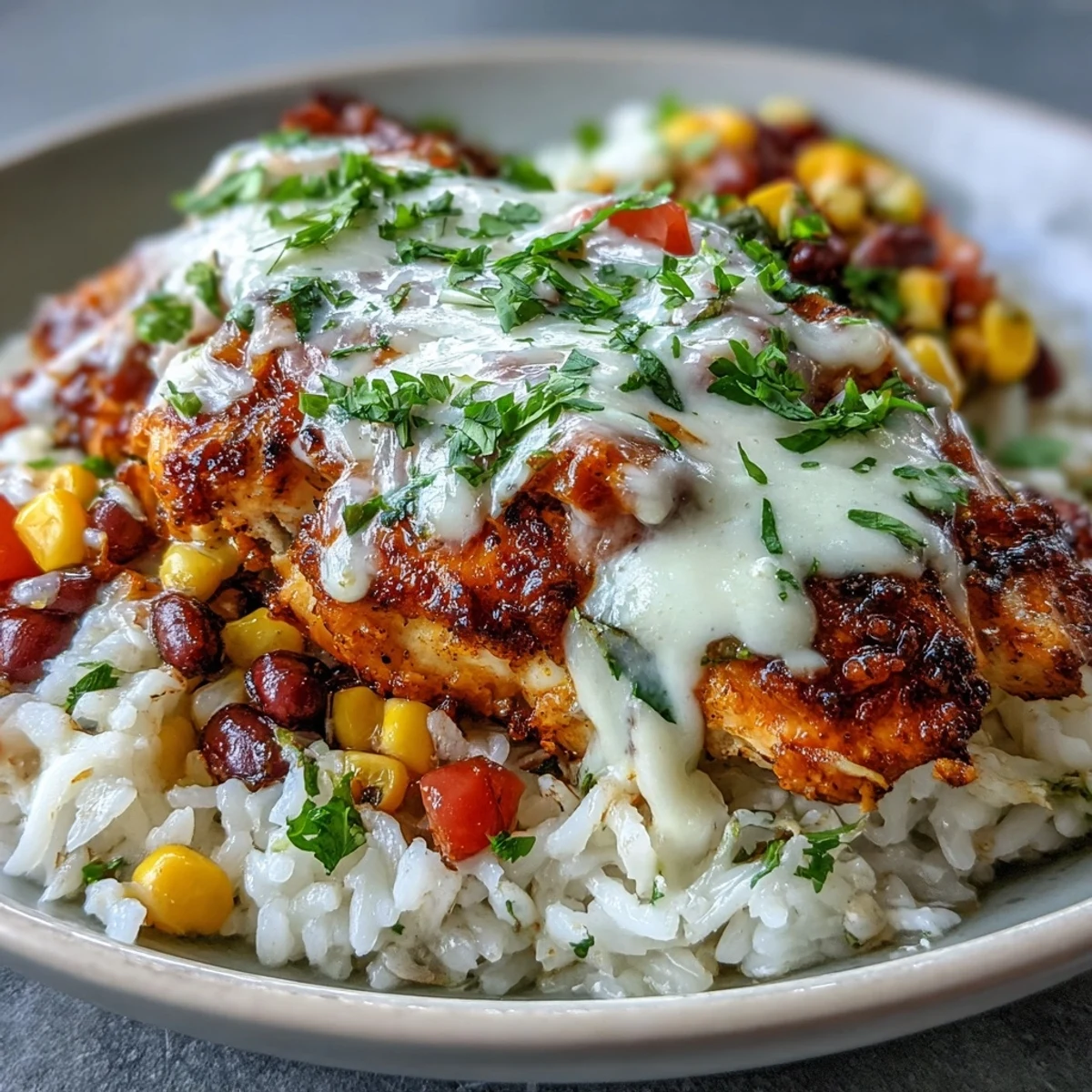 Steaming Pollo Loco Mexican Chicken and Rice with Queso, topped with melted queso and fresh cilantro garnish.