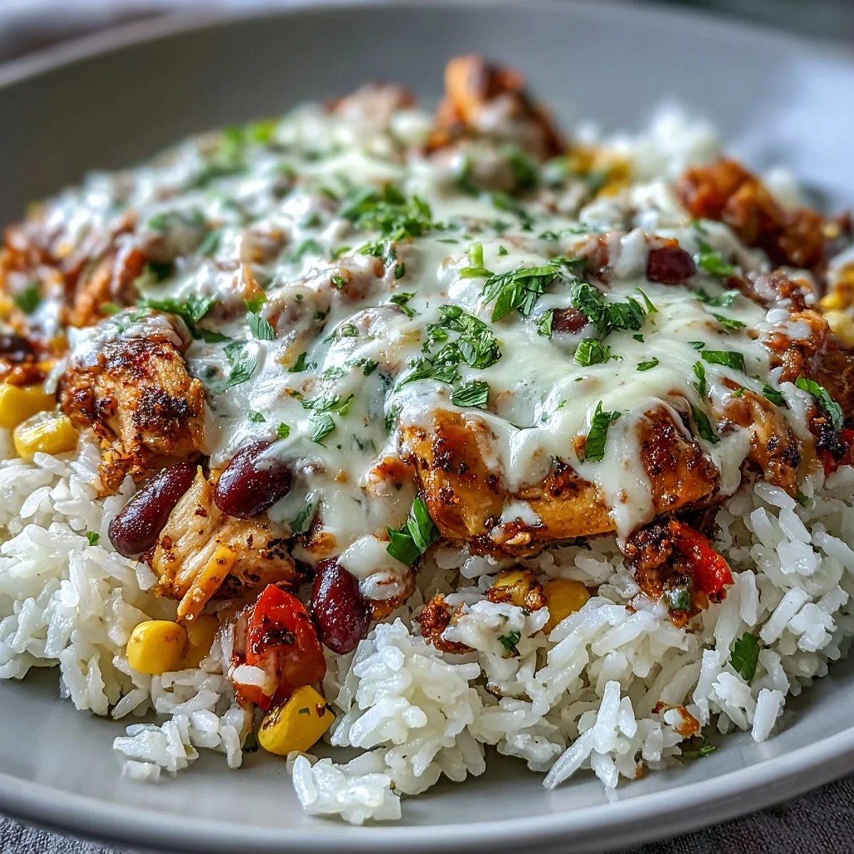 Golden brown chicken and fluffy rice with beans and corn, smothered in queso for Pollo Loco Mexican Chicken and Rice with Queso.