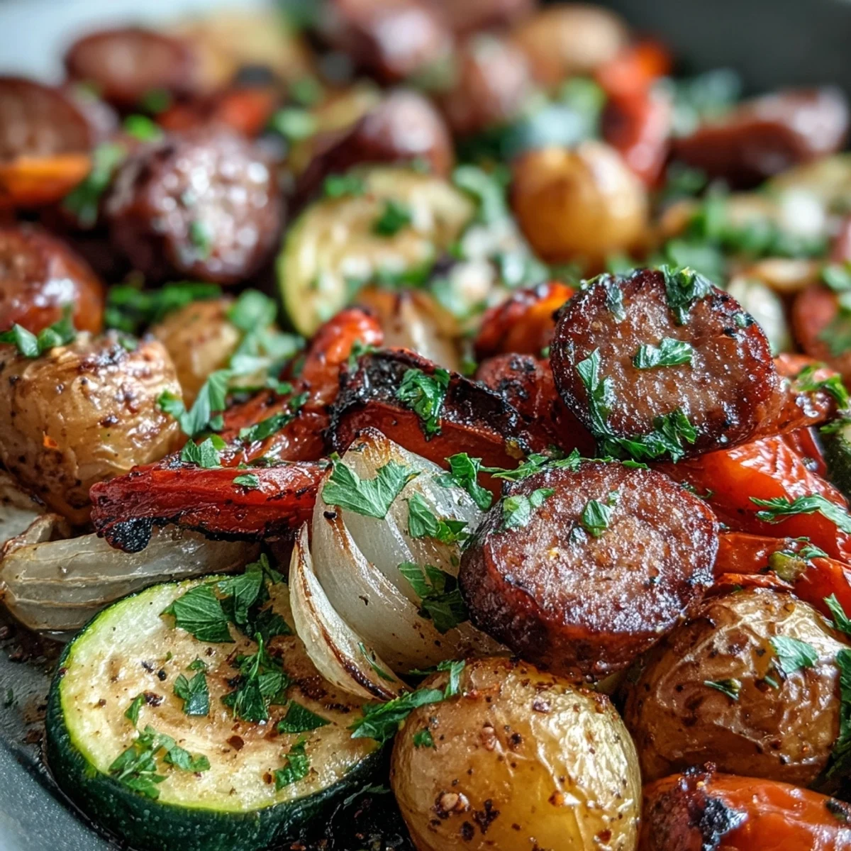 Röstaromen von Smoky Sheet Pan Sausage & Veggies auf einem Backblech, mit knusprigen Paprikastücken, Zucchinirunden und Wurst, serviert mit goldbrauner, knuspriger Naan zum Eintauchen.