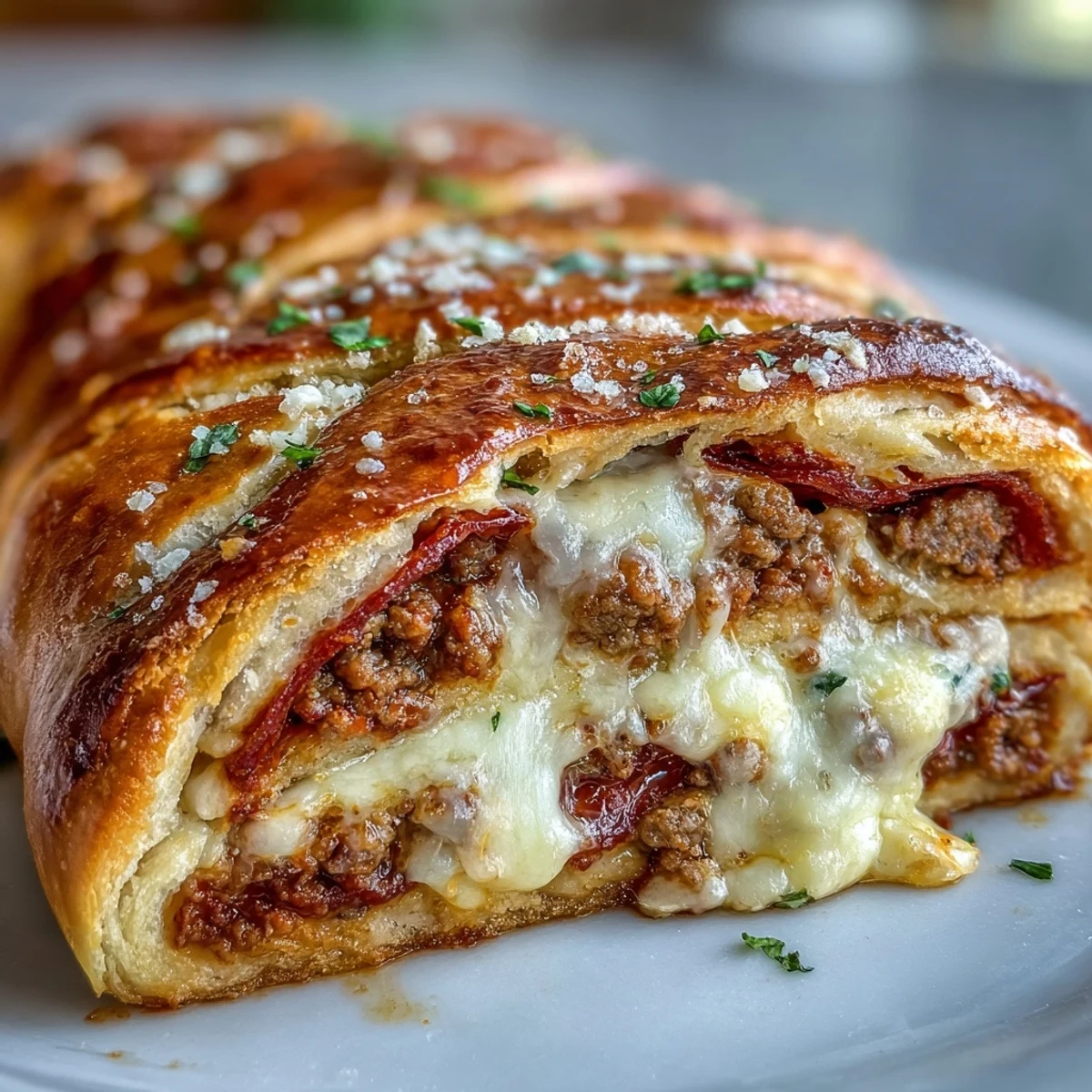 Goldbrauner Baked High-Protein Pepperoni Stromboli auf Backpapier, mit Pepperoni und Käse sichtbar.