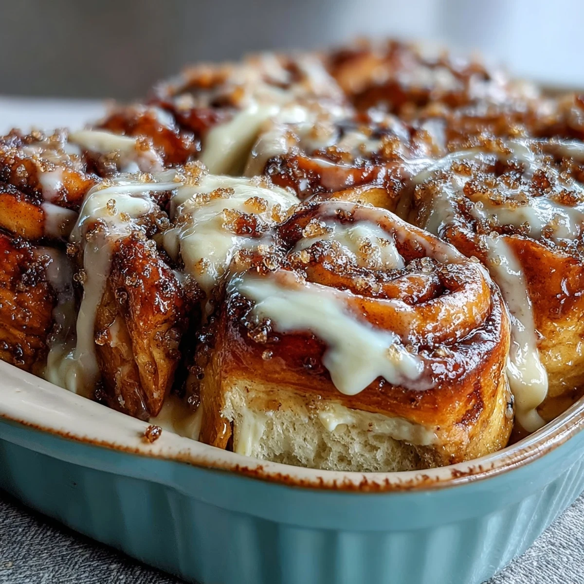 Goldbrauner Cream Cheese Swirl Cinnamon Roll French Toast Bake frisch aus dem Ofen, zuckriges Zimt-Topping und cremige Küchenschaum.