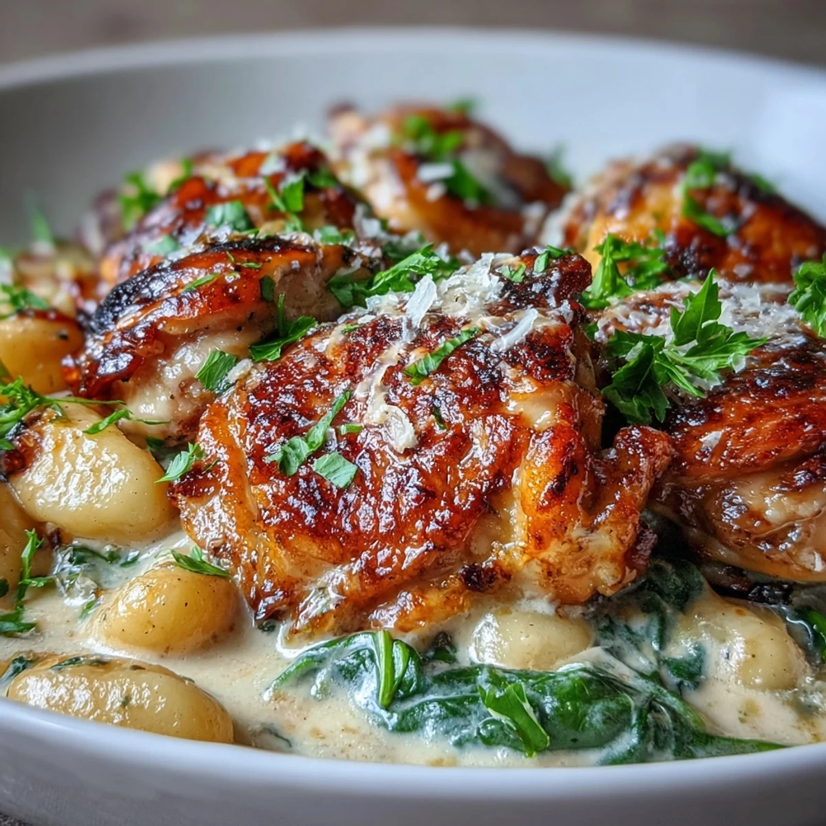 One-Pan Creamy Garlic Chicken Gnocchi mit goldbraunem Hähnchen in cremiger Knoblauchsauce, Spinat und Parmesan in der Pfanne