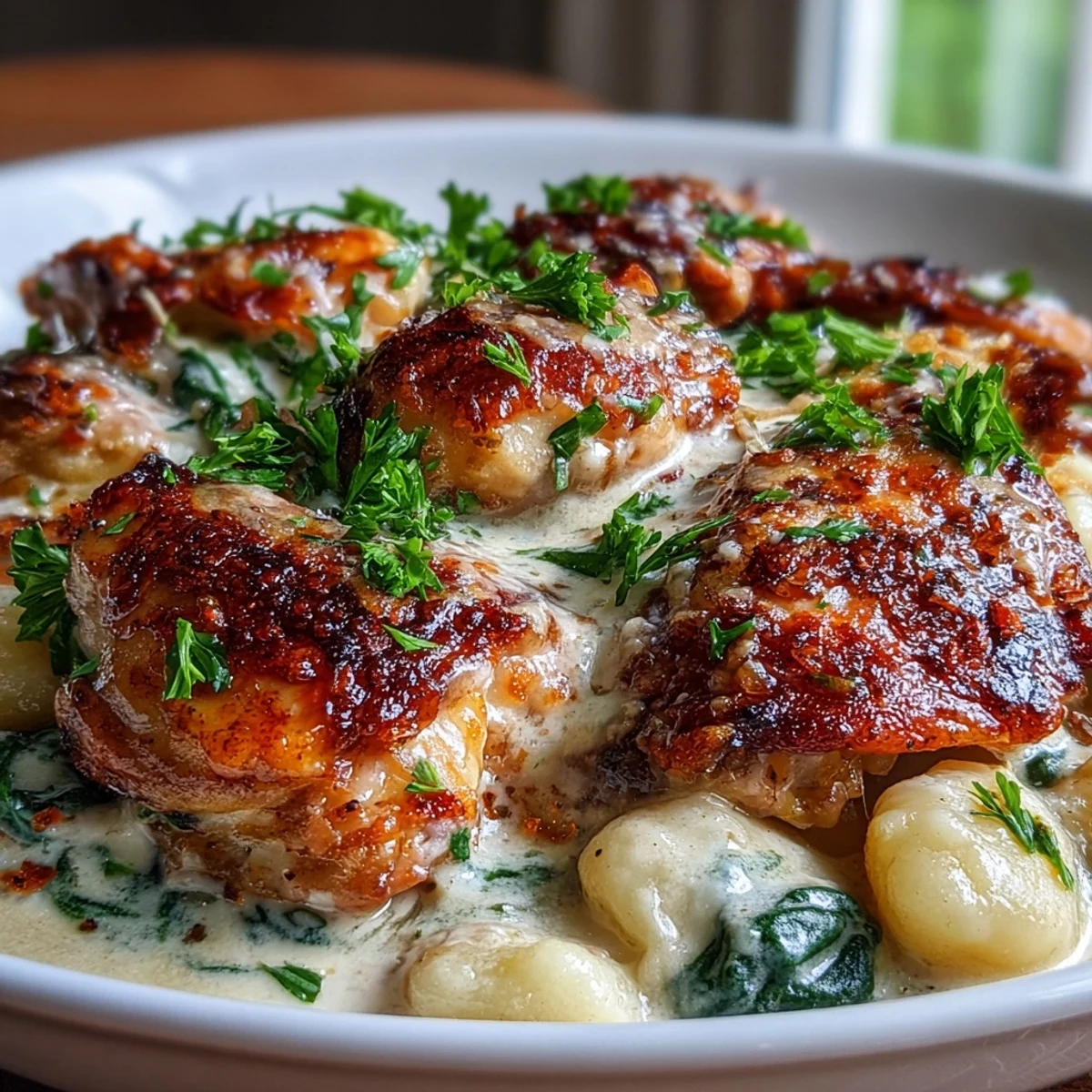 One-Pan Creamy Garlic Chicken Gnocchi direkt aus dem Ofen, serviert mit Petersilie und zusätzlichem Parmesan für ein rustikales Abendessen
