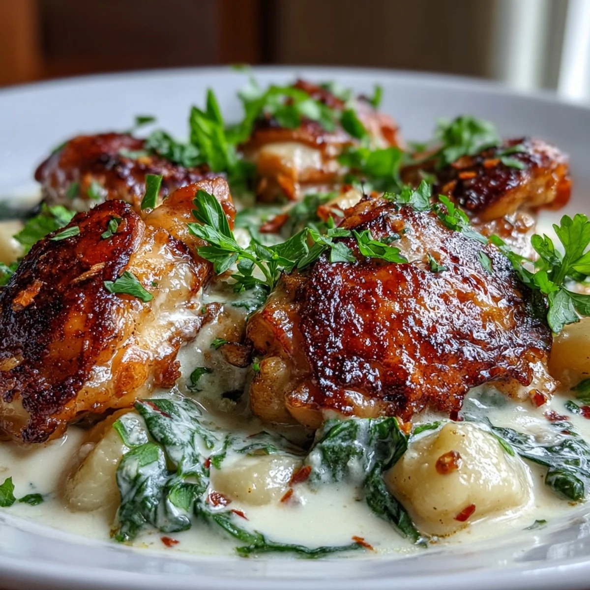 One-Pan Creamy Garlic Chicken Gnocchi mit weichen Gnocchi und saftigem Hähnchen, garniert mit Spinat und würzigen roten Pfefferflocken