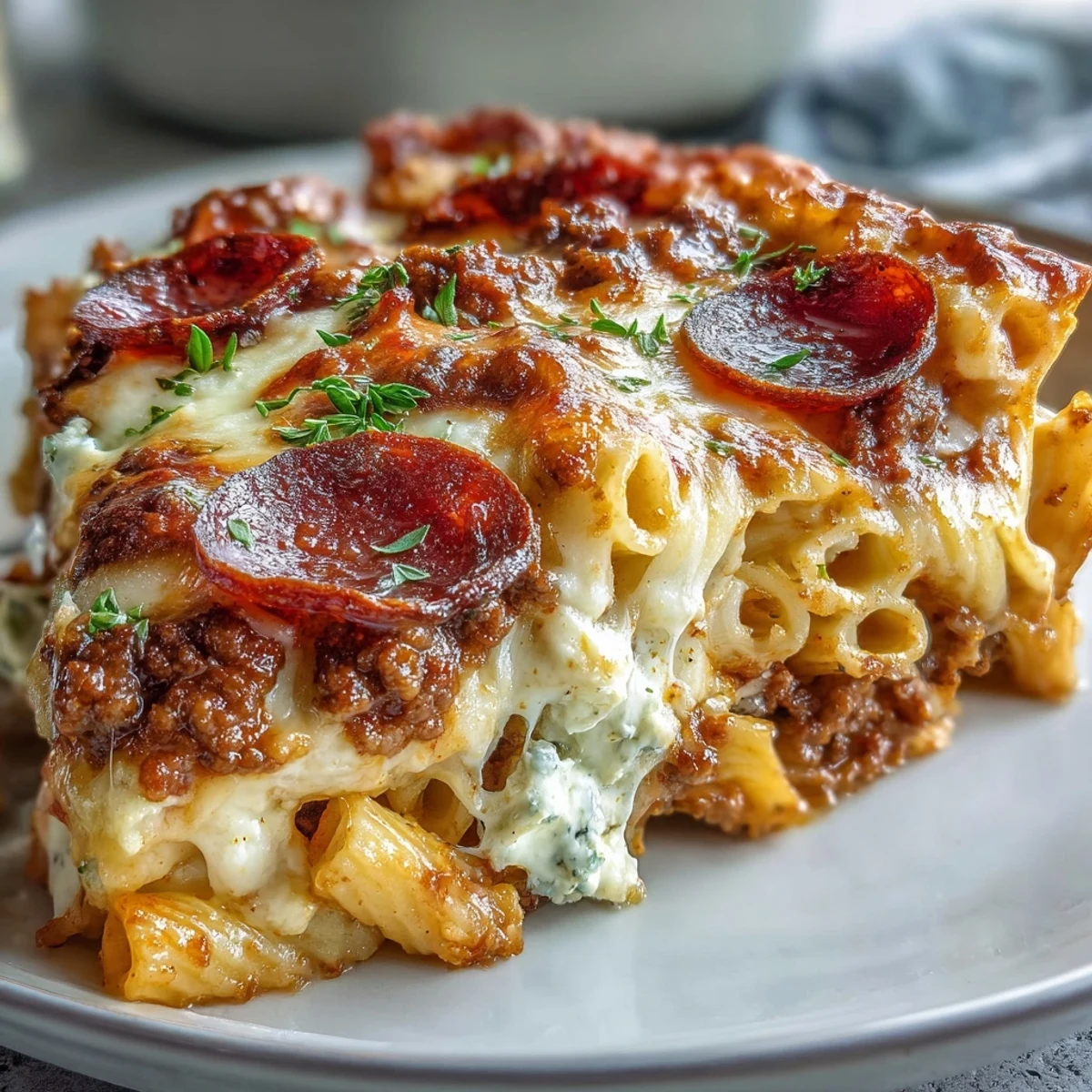 Dieser High-Protein Pizza Pasta Bake dampft cremig aus der Auflaufform, serviert mit frischem Salat.