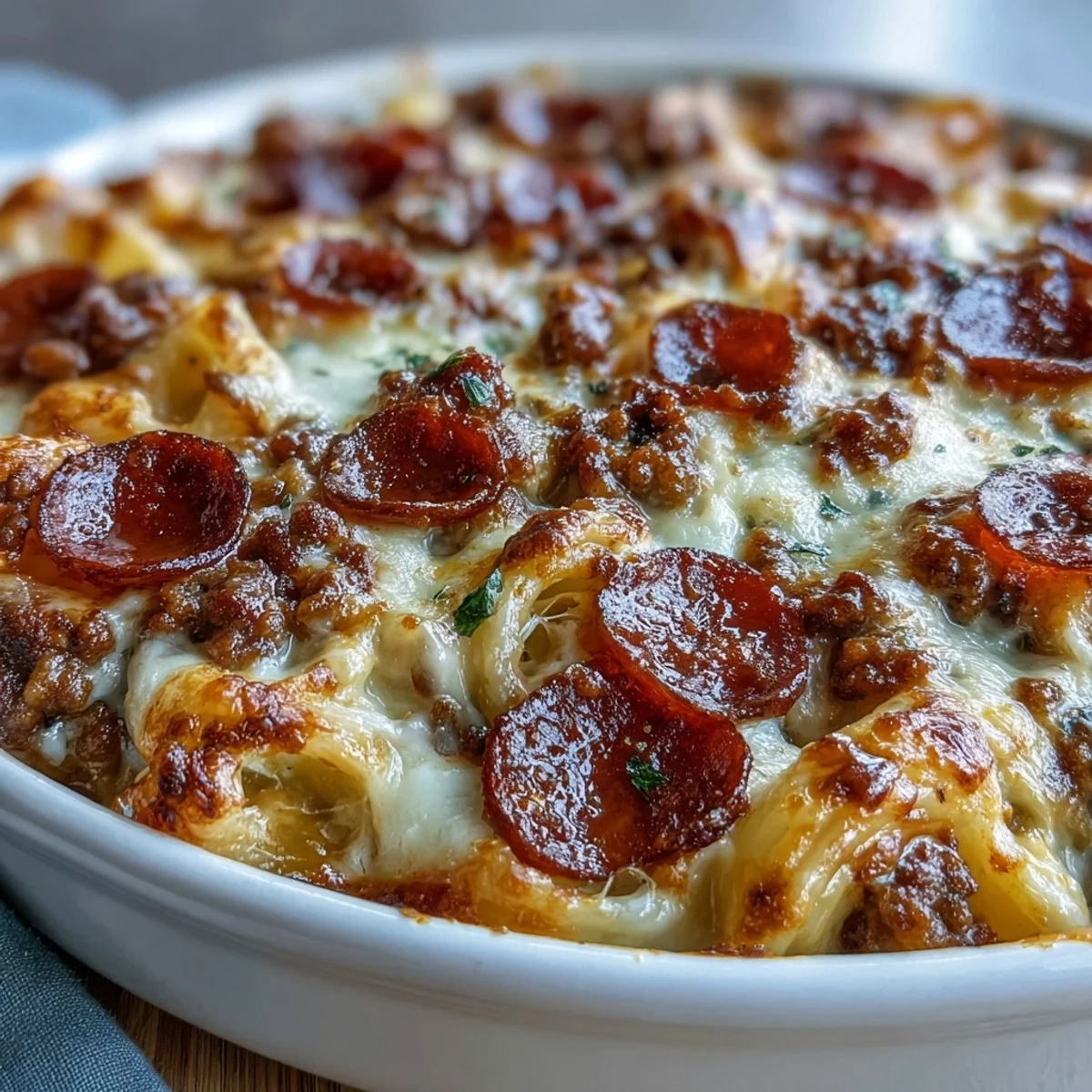 Eine dampfende High-Protein Pizza Pasta Bake für Familienessen, serviert mit Salat und Rotwein.
