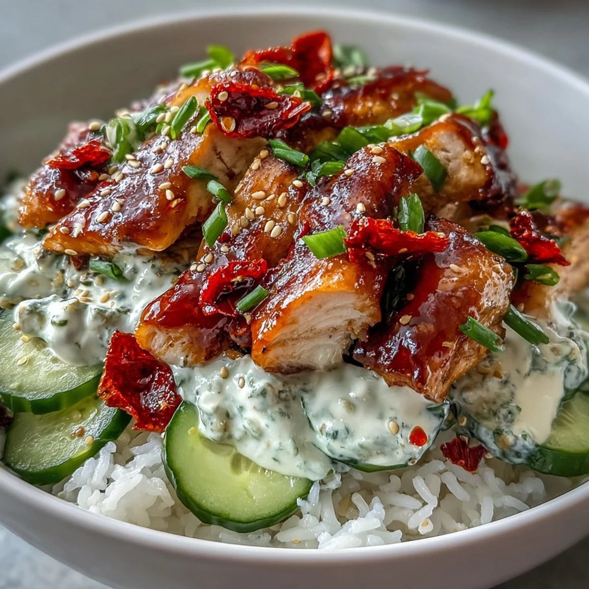 Rasierte Hähnchenbruststreifen auf Jasminreis mit cremiger Gurkensalat und Chili-Crisp.