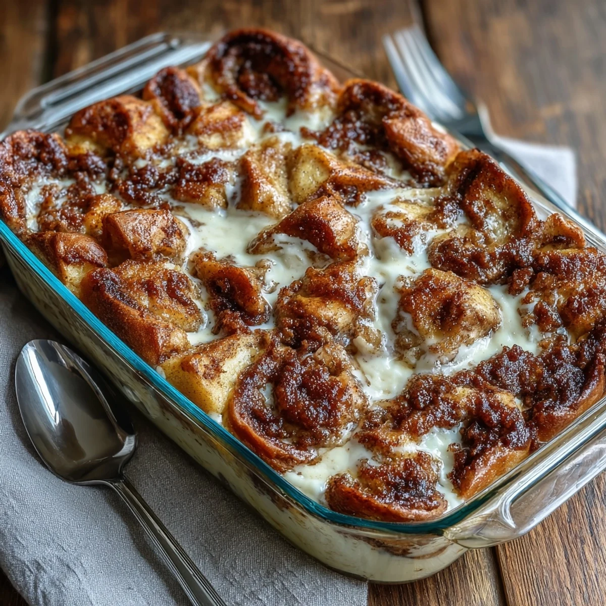 Goldbraun gebackener Cream Cheese Swirl French Toast Bake mit glasierter Zimtschnecken-Oberseite und cremigem Frischkäse-Marmor, warm mit Ahornsirup auf einem Frühstücksteller angerichtet.