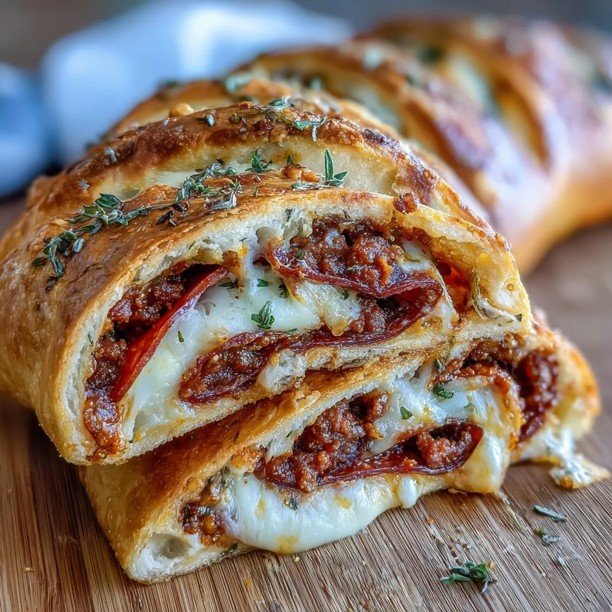 Goldener Baked High-Protein Pepperoni Stromboli, frisch aus dem Ofen auf einem Holzbrett serviert.