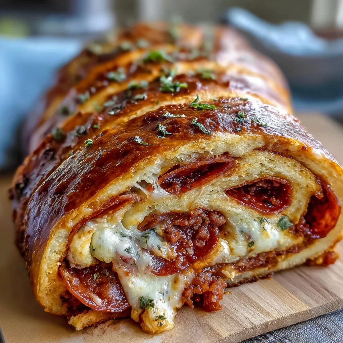 Ein aufgeschnittener Baked High-Protein Pepperoni Stromboli zeigt Füllung aus Rindfleisch und Pepperoni.