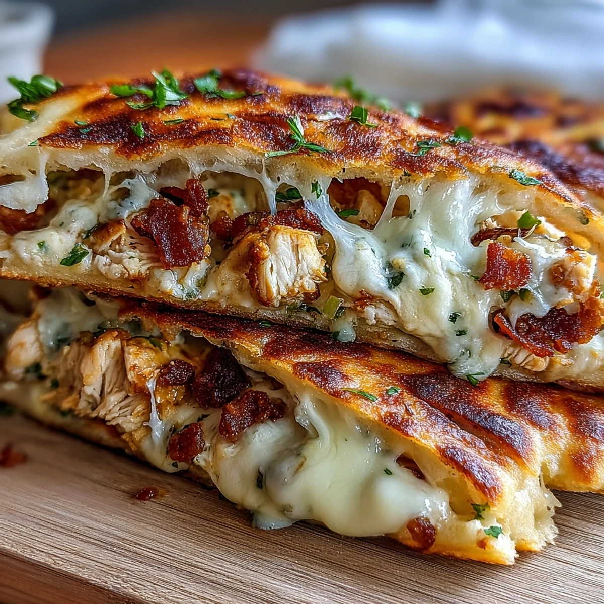 Grilled golden Ranch Crack Chicken Stuffed Naan with bubbling cheddar and bacon.