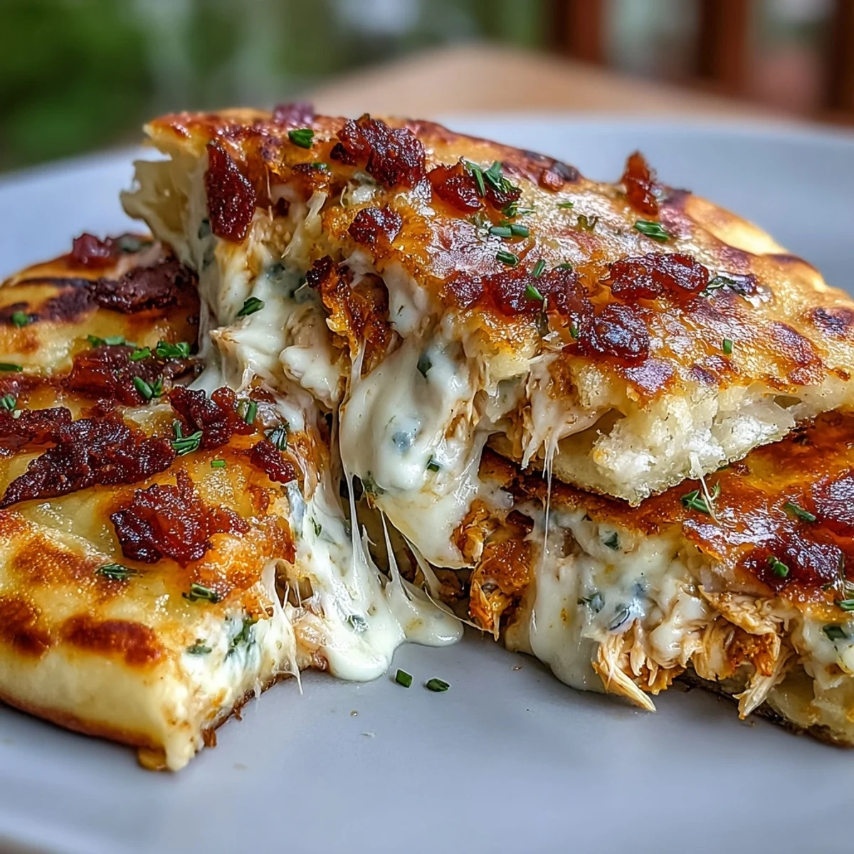 Golden-baked Ranch Crack Chicken Stuffed Naan oozing melted cheddar and bacon.