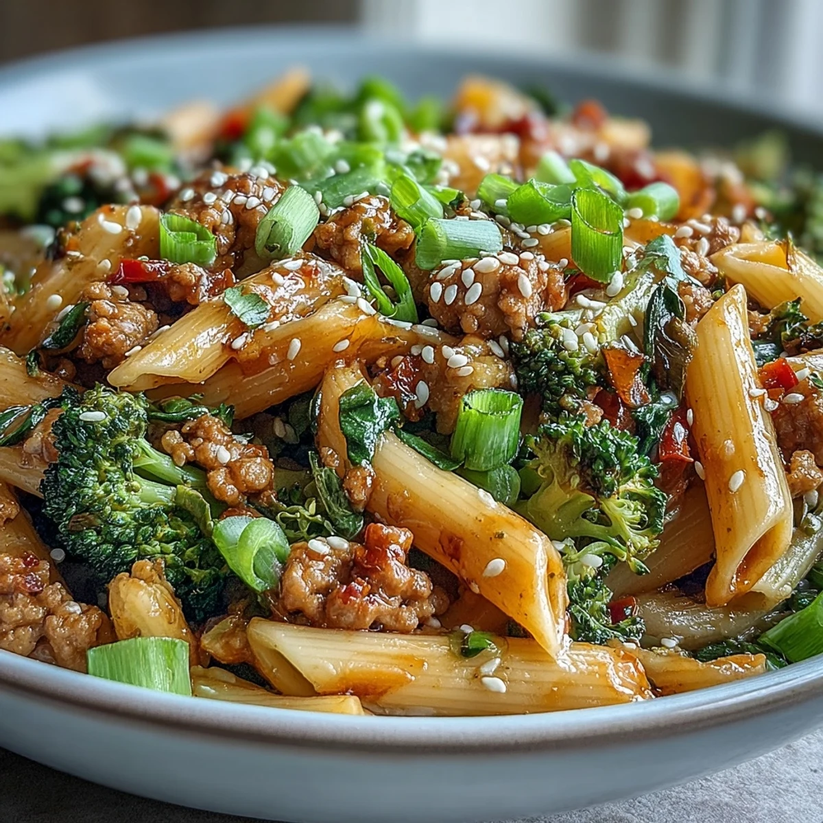 Frisch angerichtete Sweet & Spicy Turkey Broccoli Pasta mit glasierter Sauce und grünem Brokkoli auf weisser Schale