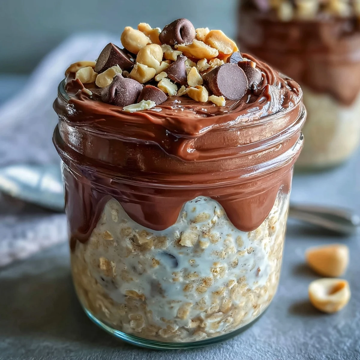 Cremige Peanut Butter Cup Overnight Oats mit Schokoladenglasur und gehackten Erdnüssen für ein gesundes Frühstück.