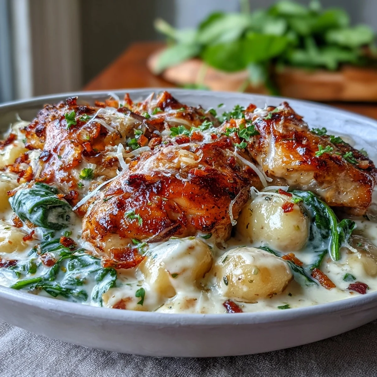 Goldene Oberschenkel und gnocchi in cremiger Knoblauch-Parmesan-Sauce im Ofen-Schmortopf