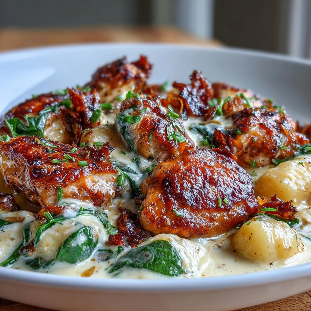 Einfaches One-Pan-Gericht mit goldbraunen Hähnchenschenkeln, Gnocchi und geschmolzenem Parmesan im Ofen gebacken