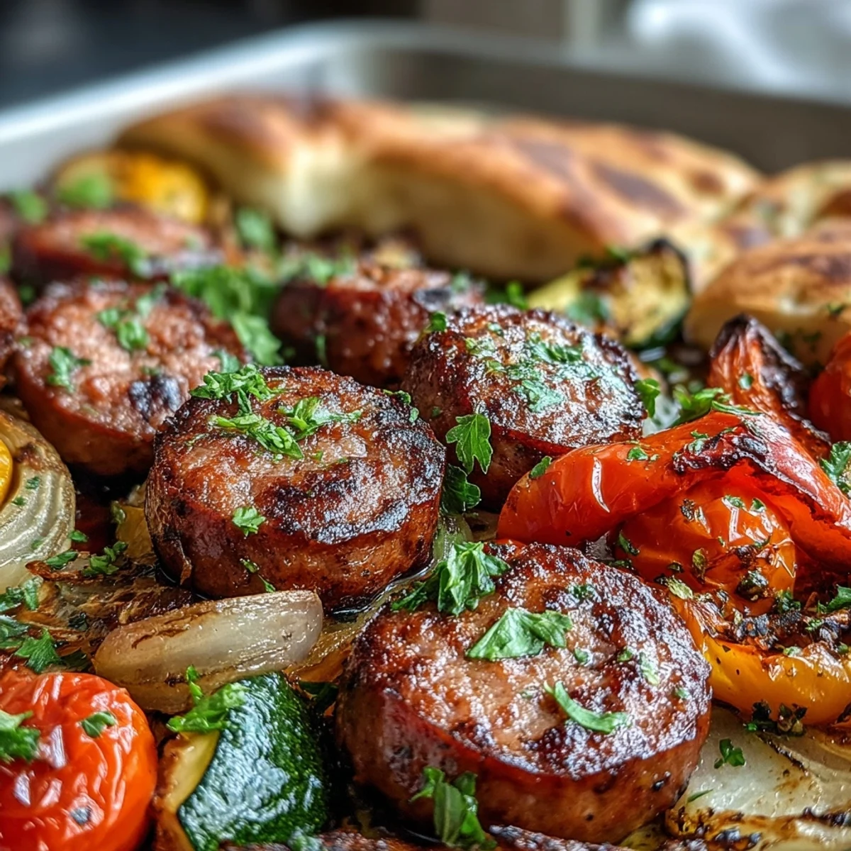 Würzige Smoky Sheet Pan Sausage & Veggies duften aus dem Backofen, serviert auf einer Blechplatte mit goldbrauner Zucchini und naan-Dipp.