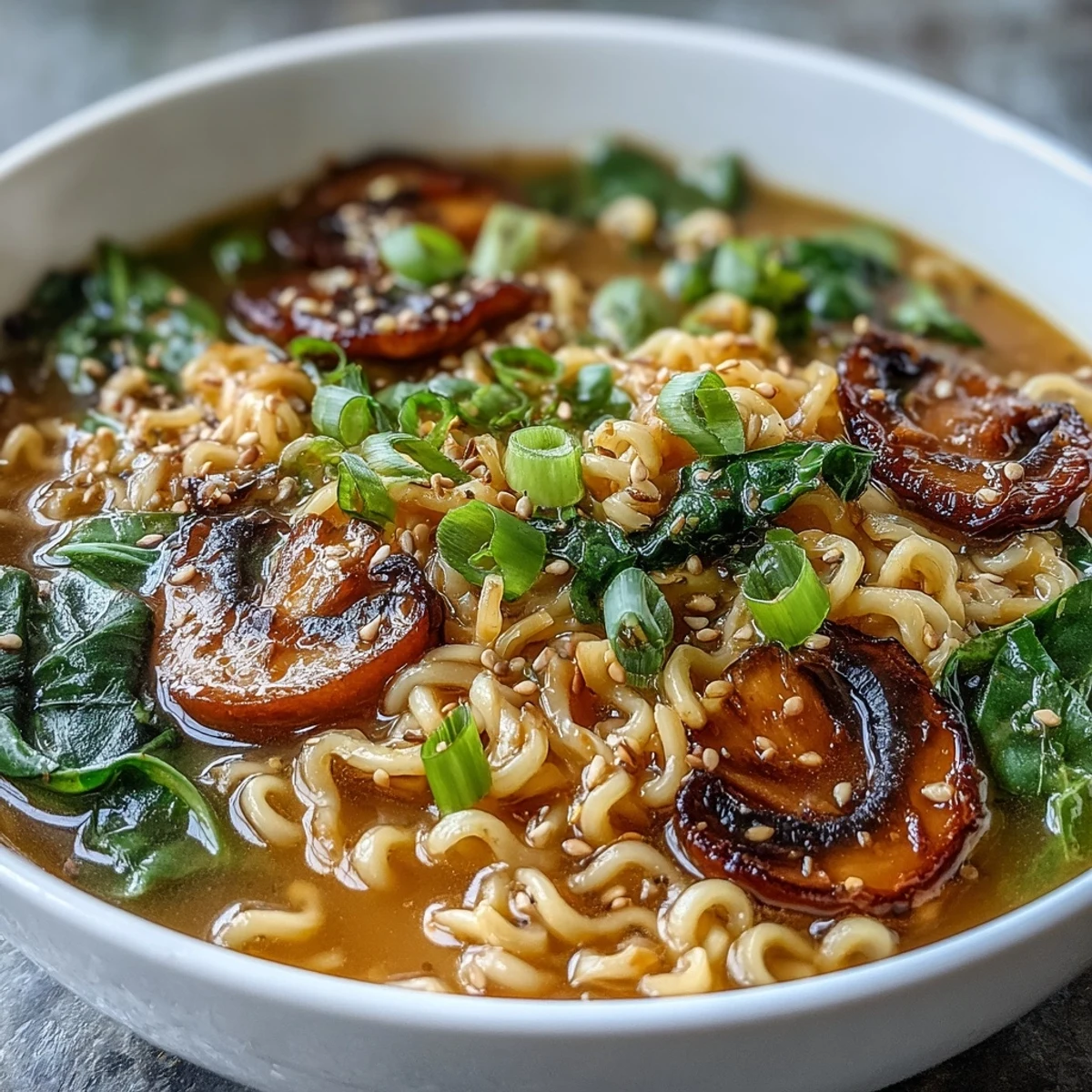 Kreisförmig angerichtete Schüssel Vegan Coconut Curry Ramen mit Sesam und Limetten auf Holz.