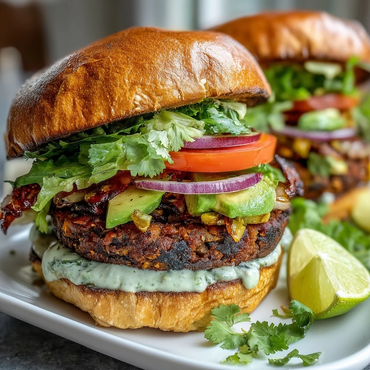 Lush, toasted buns cradle a golden Vegan Sweet Potato Black Bean Burger, dripping with creamy avocado lime sauce.