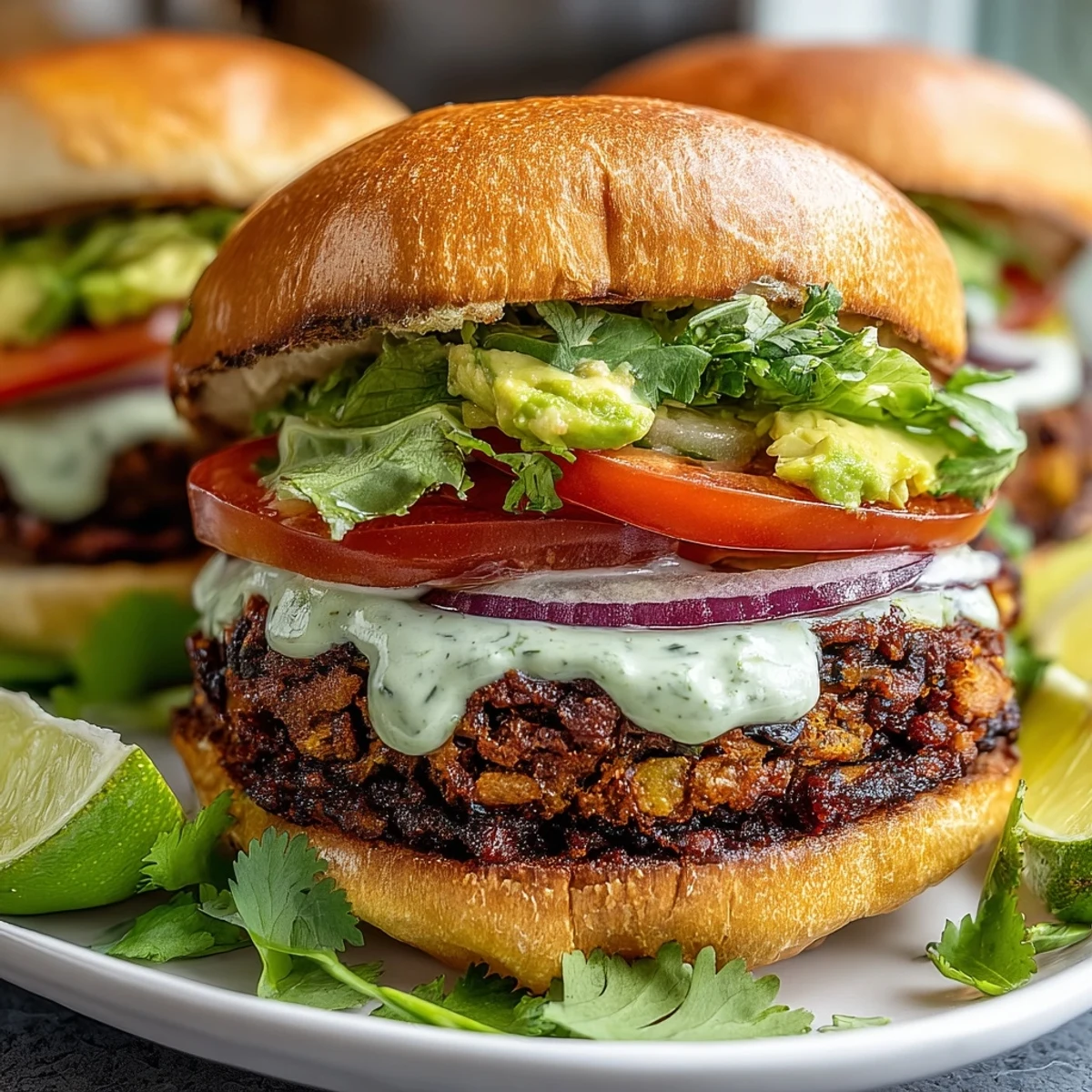 A juicy Vegan Sweet Potato Black Bean Burger is stacked high with fresh lettuce, tomato, and zesty avocado sauce.