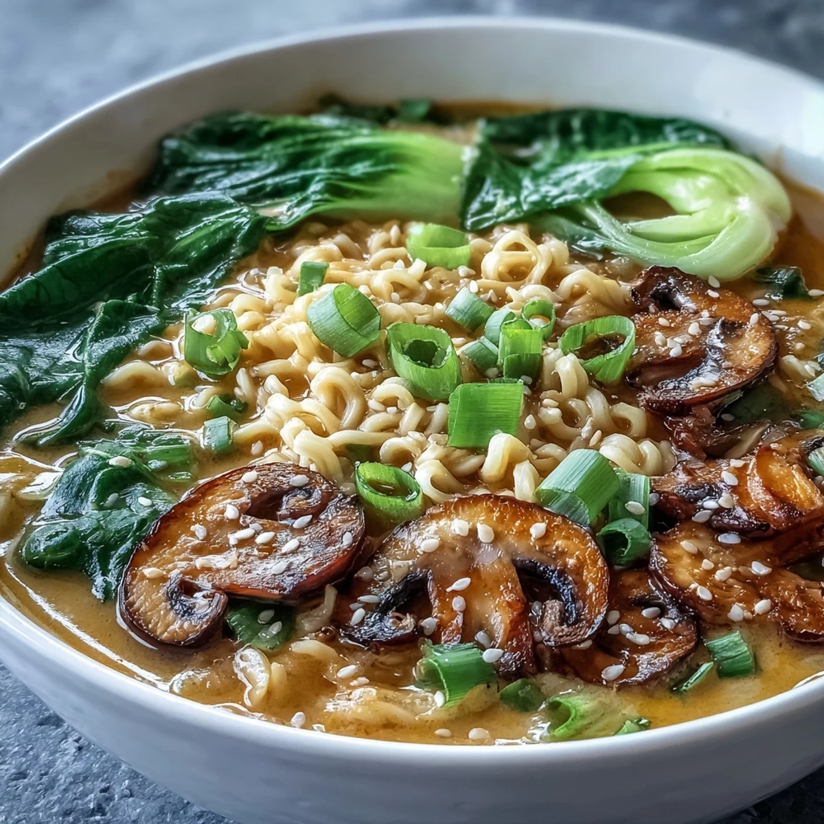 Eine dampfende Schüssel Vegan Coconut Curry Ramen mit Karottenstreifen und Koriander garniert.