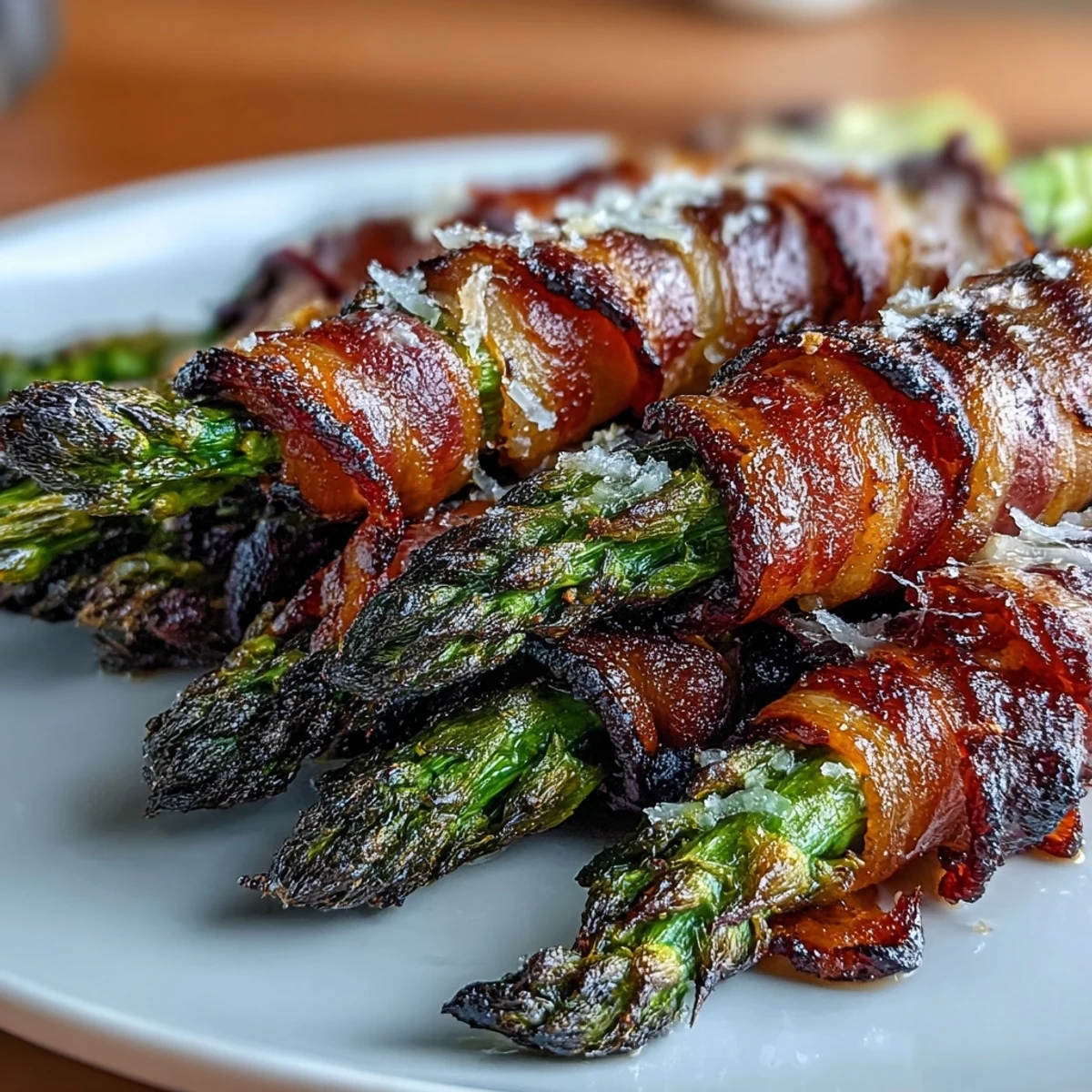 Keto-Bacon-Erwürgtes Spargelbündel mit Parmesan aus dem Ofen: Goldbrauner Speck umhüllt zarten Spargel, belegt mit geschmolzenem Käse, ideal als Festtagsbeilage.