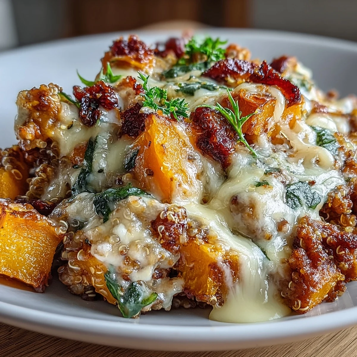 1. Ein gemütlicher Auflauf aus geröstetem Butternusskürbis, würzigem italienischem Wurstbrät und Quinoa, überbacken mit geschmolzenem Käse.  