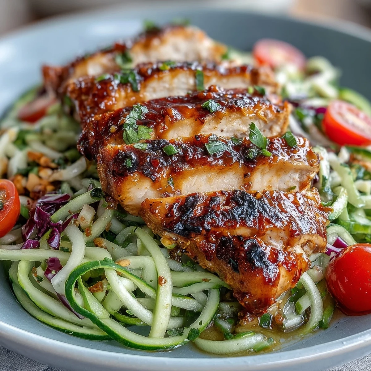 Knackige Gurken-Nudeln mit buntem Gemüse und saftigem Chili-Limetten-Grillhähnchen, ein erfrischender Sommer-Salat.