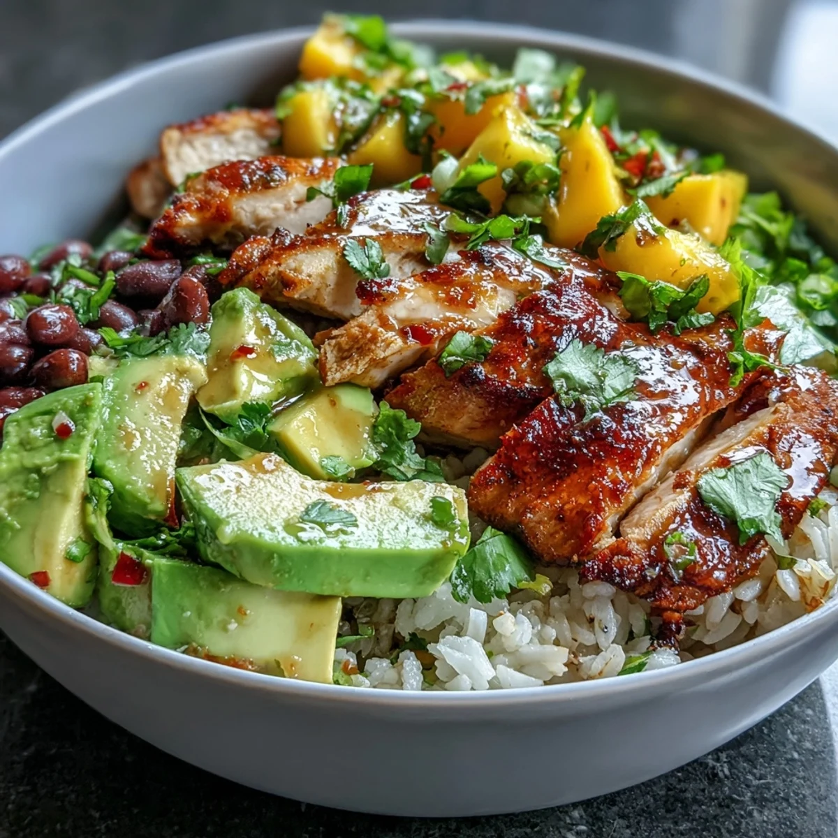 3. Herzhaftes Mango-Avocado-Salsa-Hähnchen-Bowl mit braunem Reis, schwarzen Bohnen und frischer Salsa für ein farbenfrohes, gesundes Gericht.
