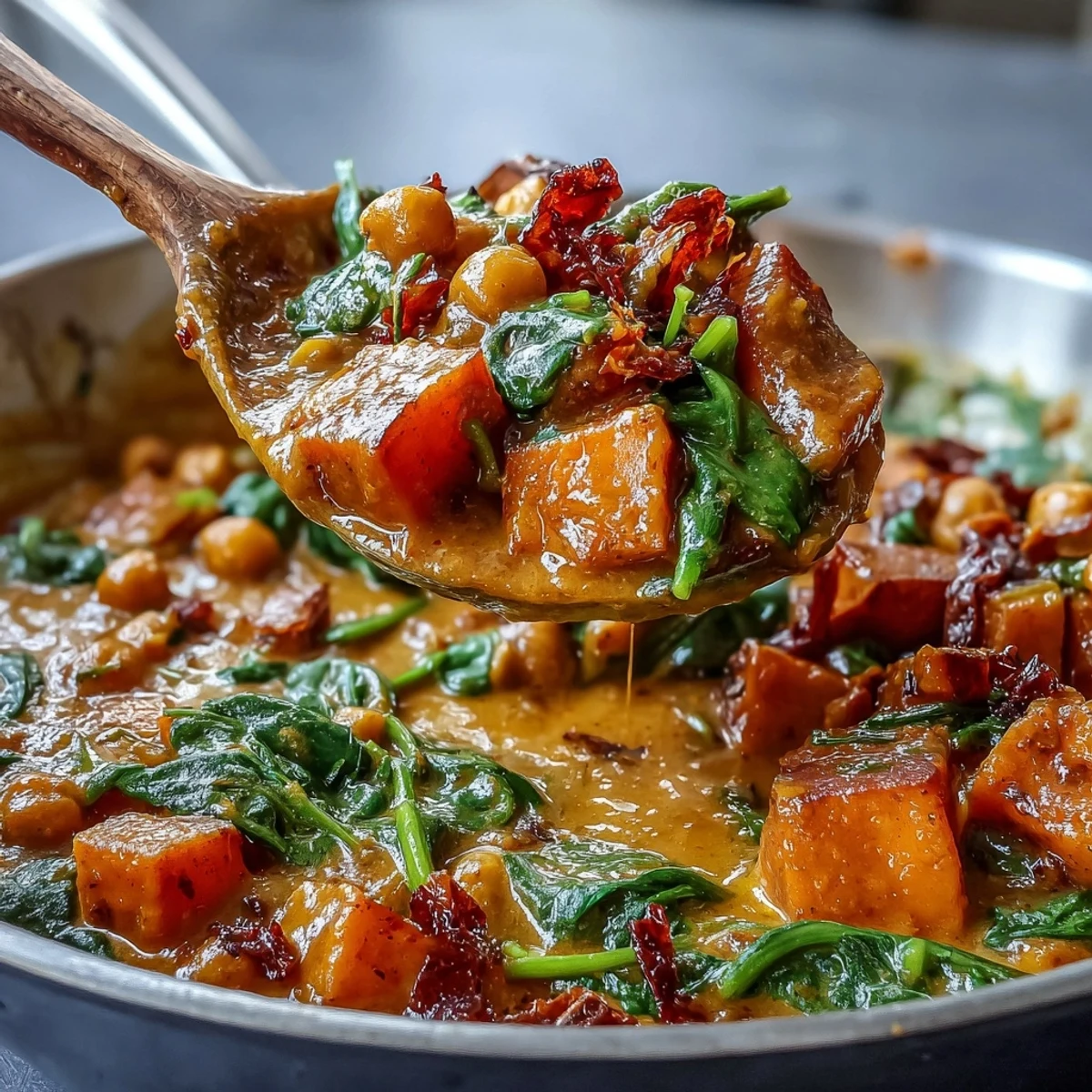 Saftige Süßkartoffeln, Kichererbsen und Spinat in einer cremigen Kokos-Curry-Sauce – perfekt für ein gesundes, veganes Abendessen.