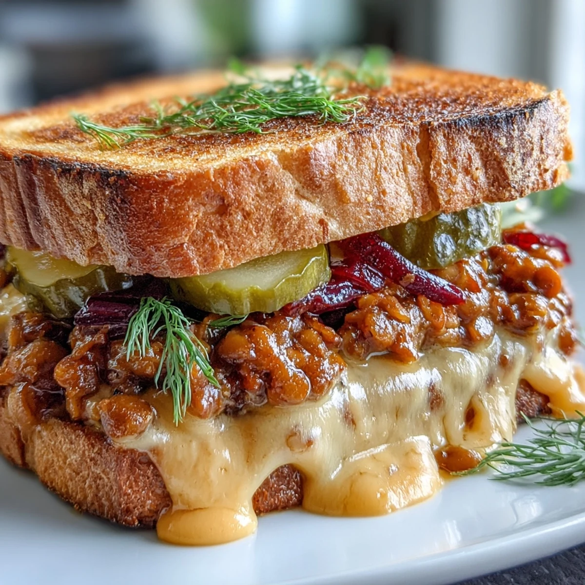 2. Herzhaftes Linsen-Sloppy-Joe-Gericht auf knusprigem Sauerteigbrot mit schmelzendem veganem Käse  
