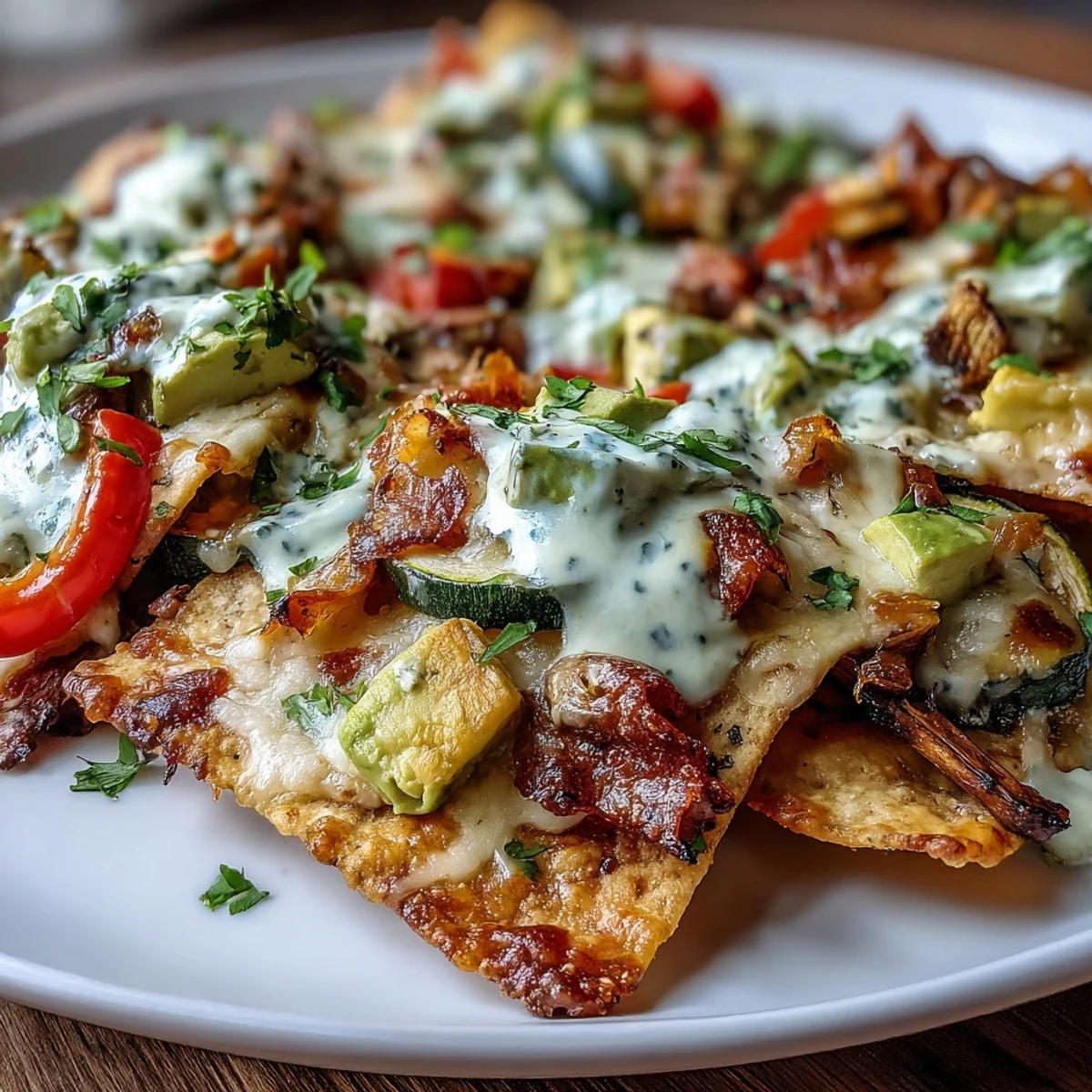 Kross gebratene Tortilla-Chips mit geröstetem Gemüse, Salsa Verde und cremigem Cashew-Queso, alles zusammen für ein lebendiges veganes Nacho-Plattengericht gebacken.