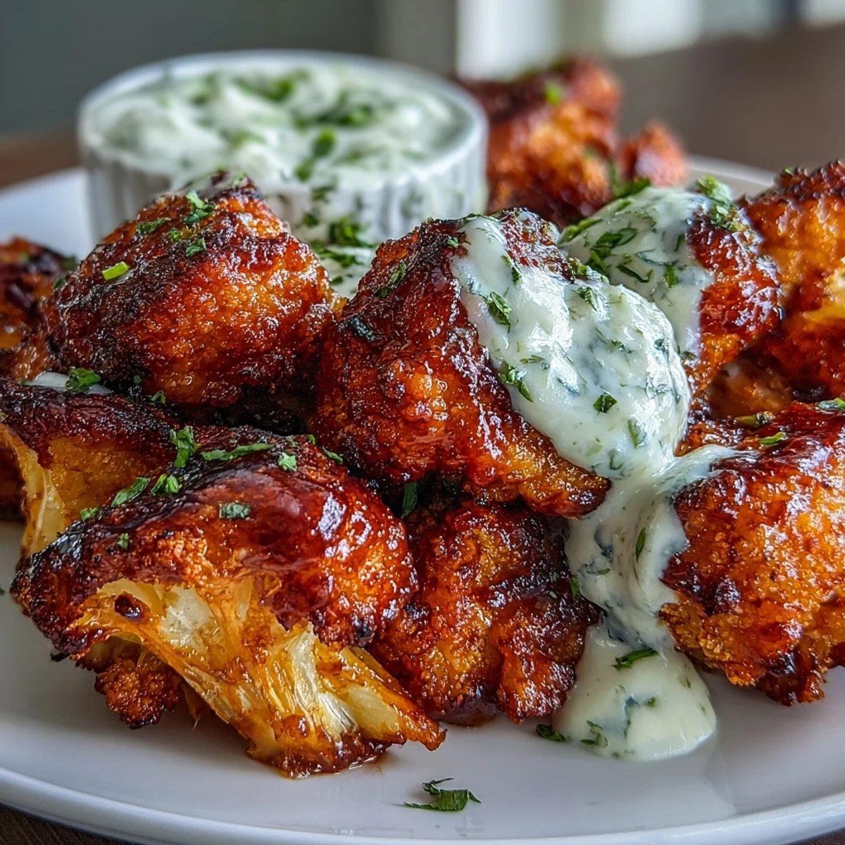 1. Keto Buffalo Cauliflower Wings mit Ranch-Joghurt-Dip auf einem Backblech, goldbraun und knusprig, serviert mit cremiger Dip-Sauce.