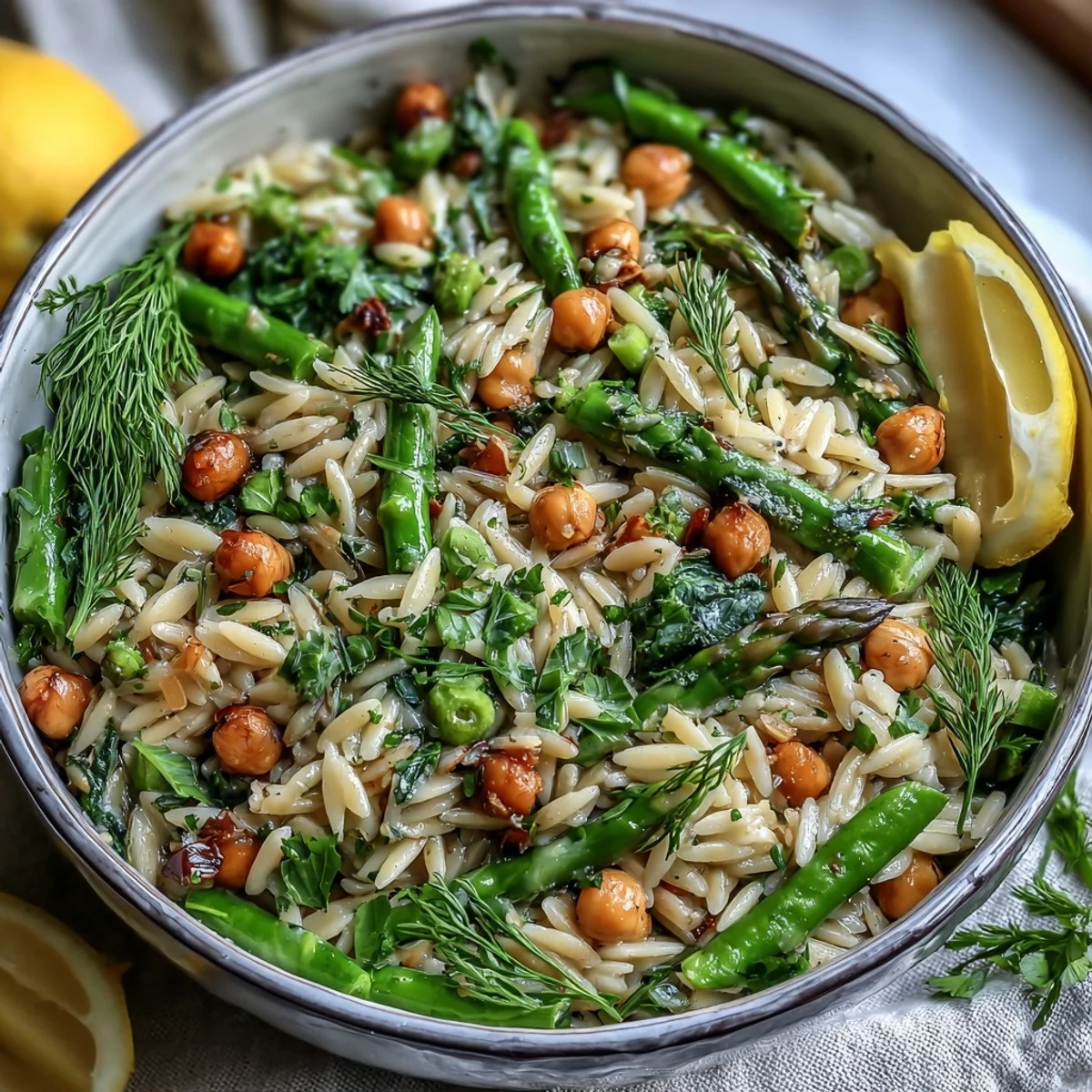 Eine farbenfrohe Pfanne mit Zitronen-Orzo, Kichererbsen und knackigem Frühlingsgemüse.