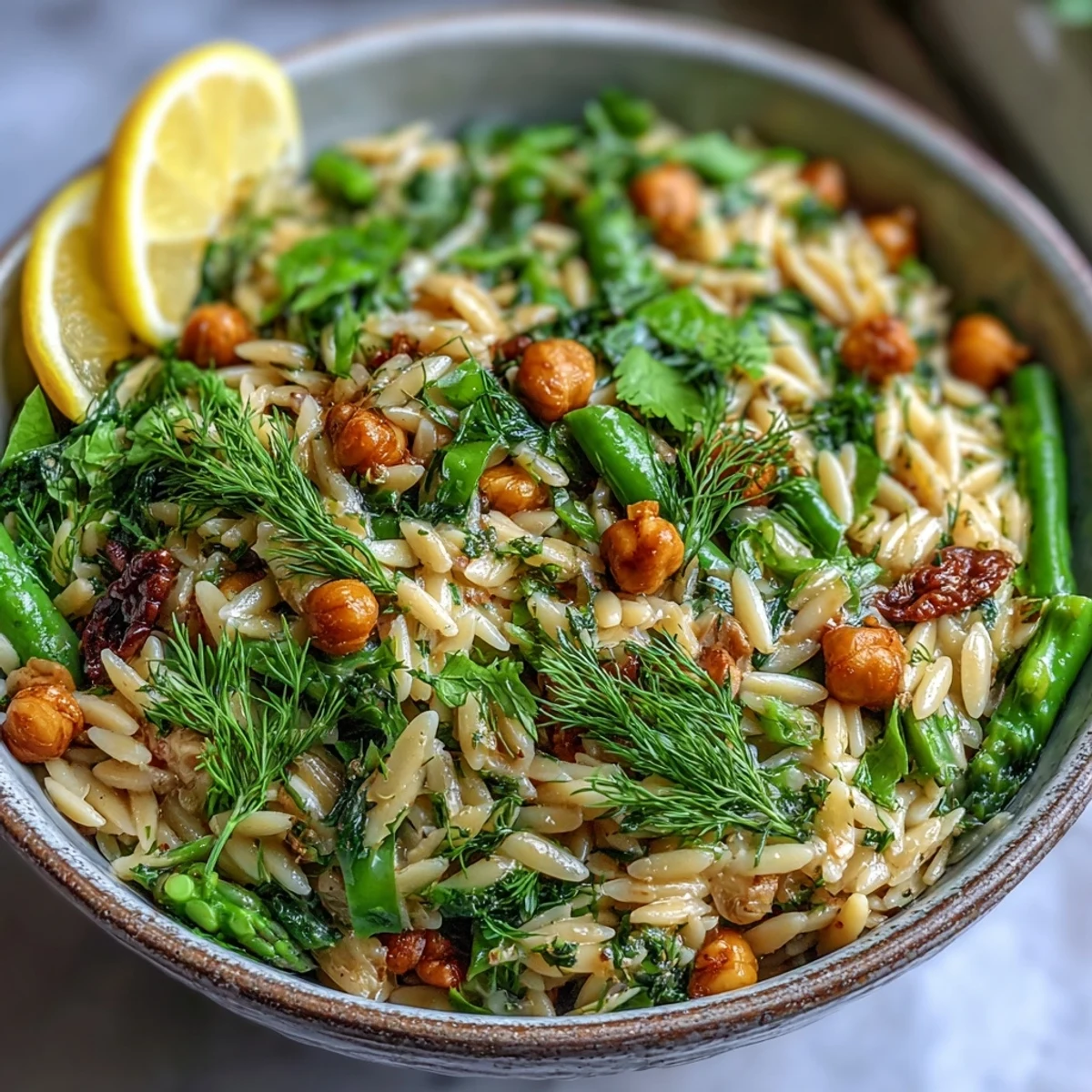 Ein Topf Zitronen-Orzo mit Kichererbsen und frischem Gemüse, perfekt für ein gesundes Abendessen.