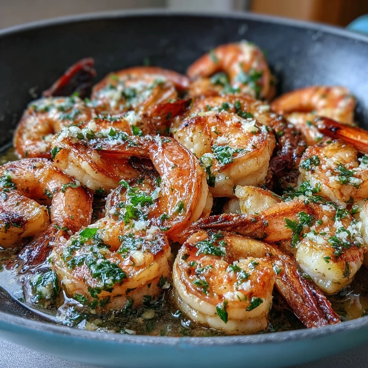 2. Saftige Garnelen in cremiger Knoblauchbutter, mit gehackter Petersilie bestreut und mit Zitronenspalten serviert.  